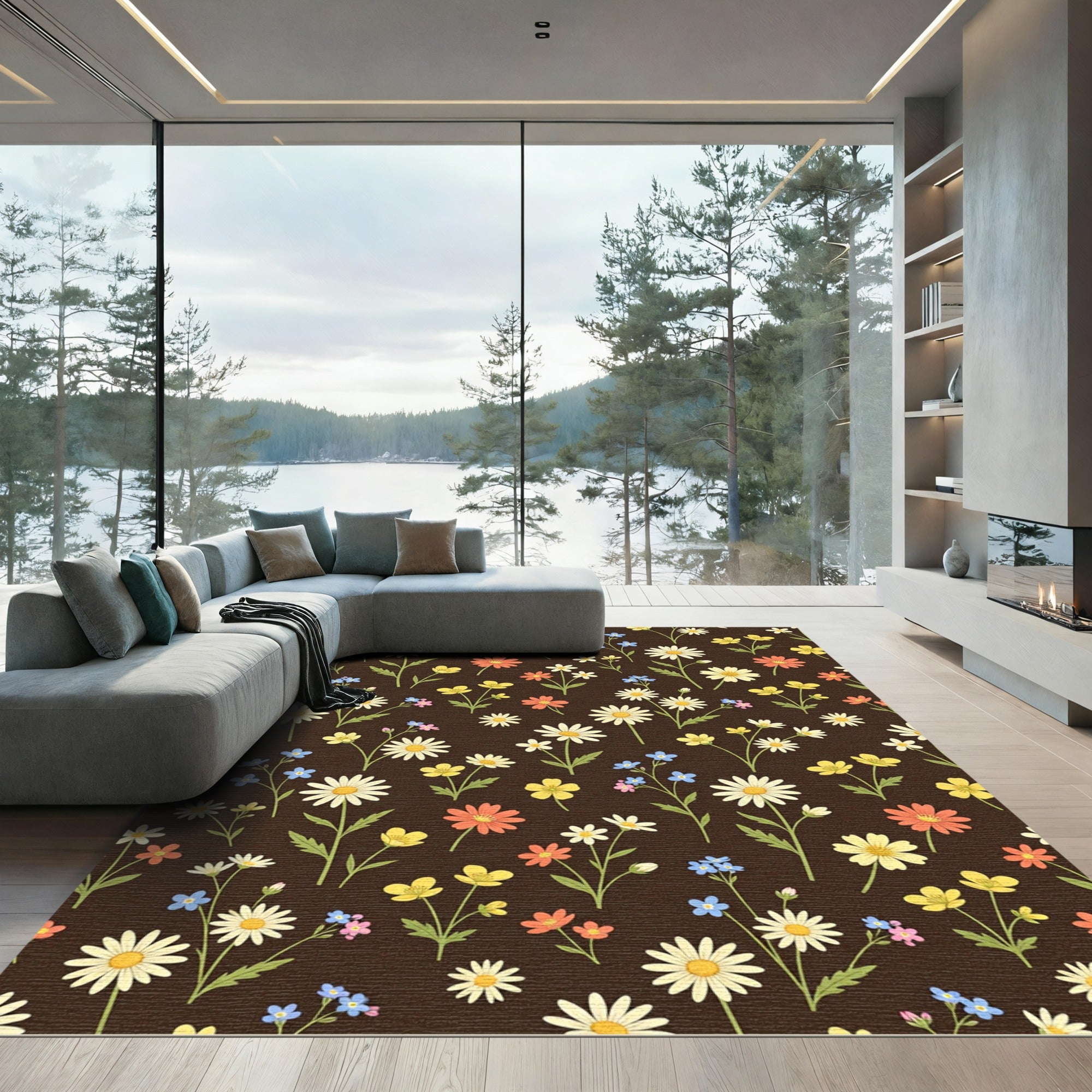 Brown Woodland Meadow Floral Bouquet Rug