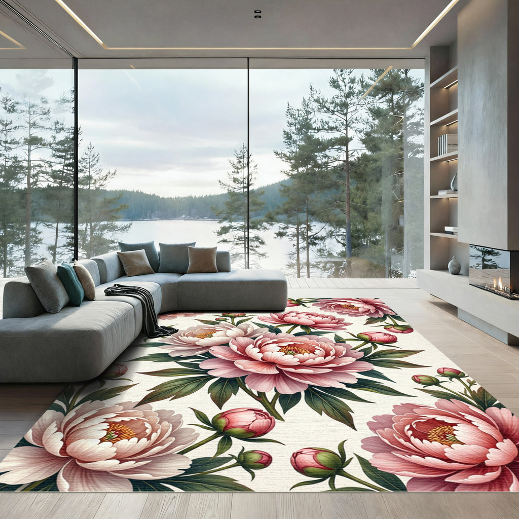 Elegant Pink Peony Floral Garden Rug