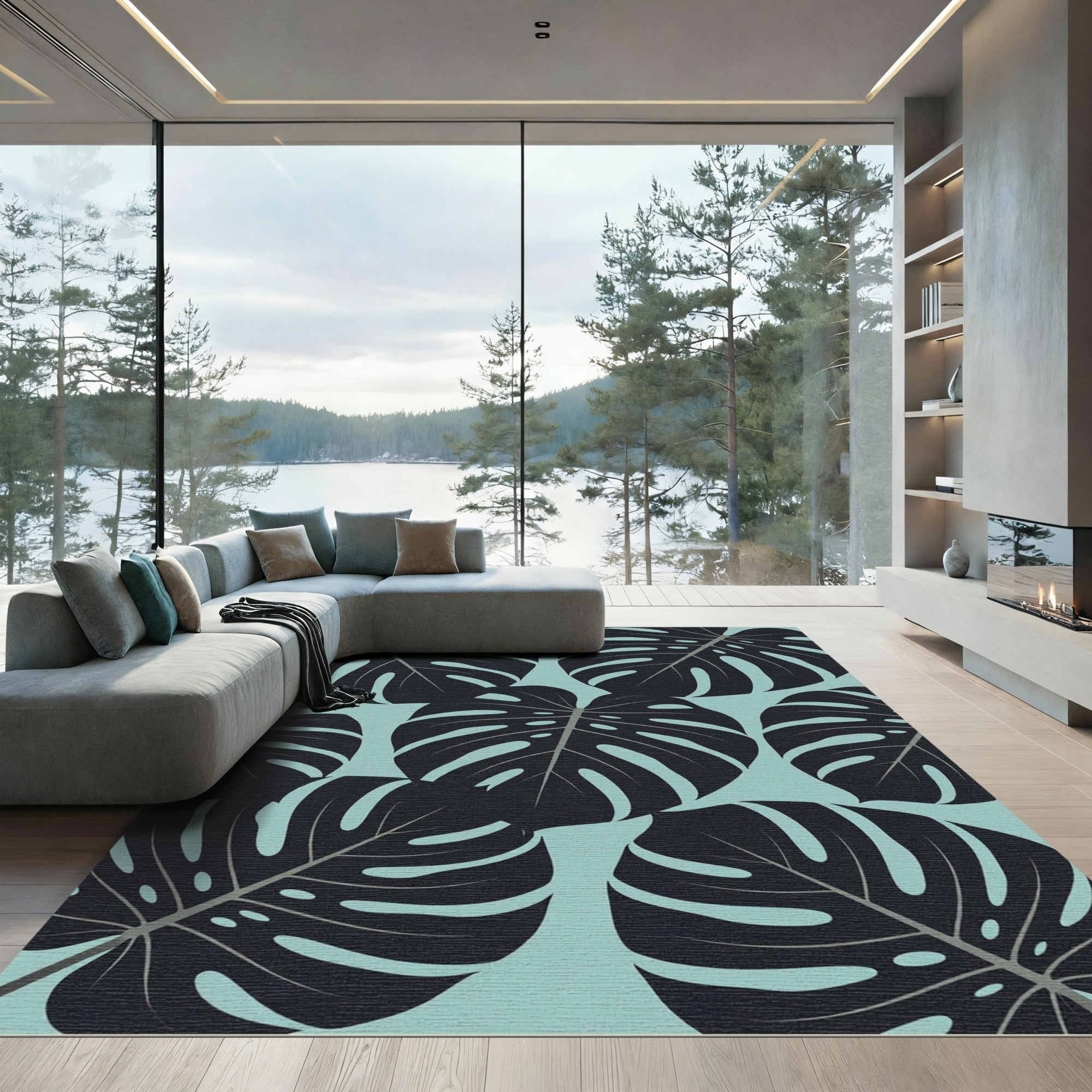 Lush Tropical Monstera Leaf Sage Blue Rug
