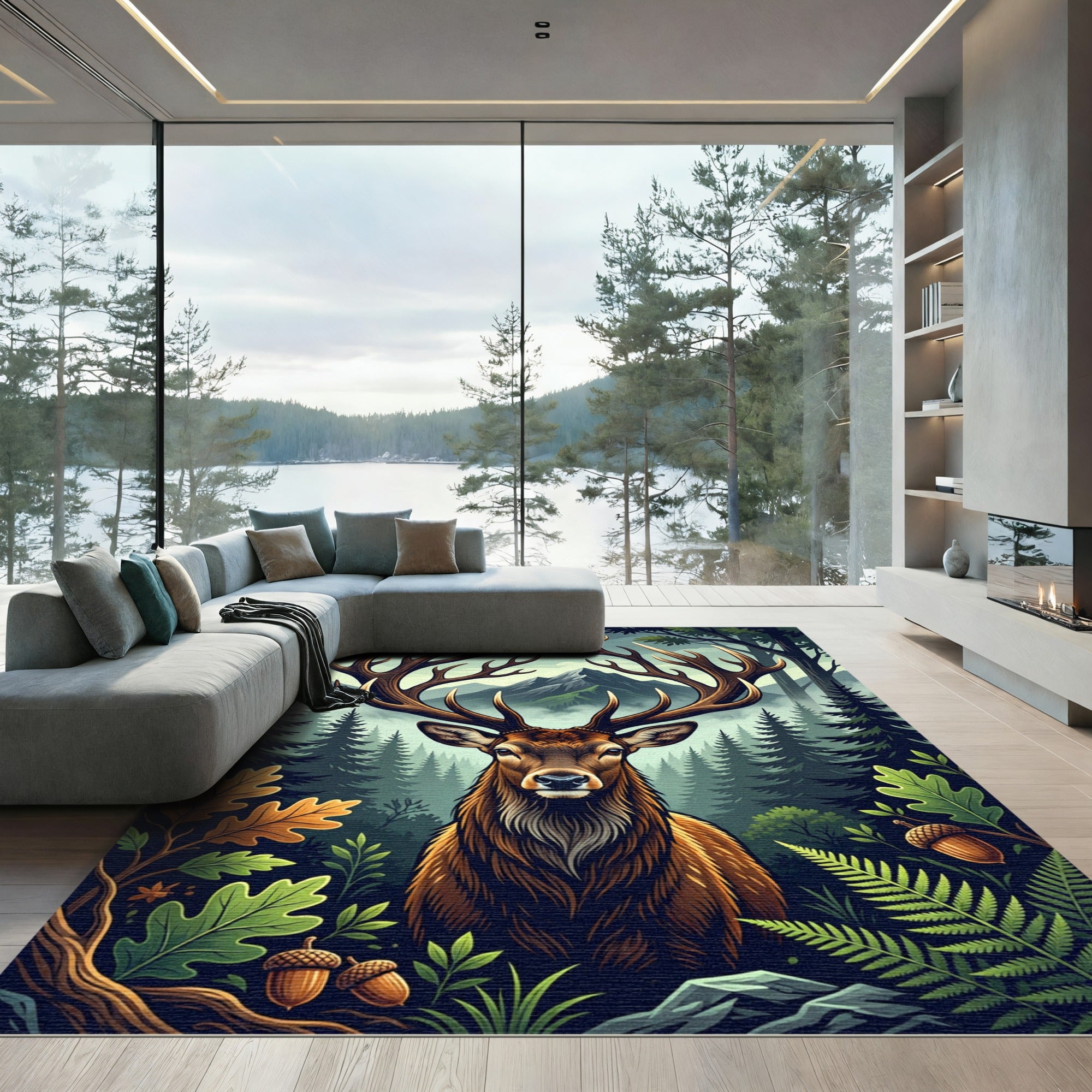 Majestic Elk Forest Mountain Scene Rug