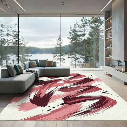 Abstract Crimson Brushstroke Swirl Rug