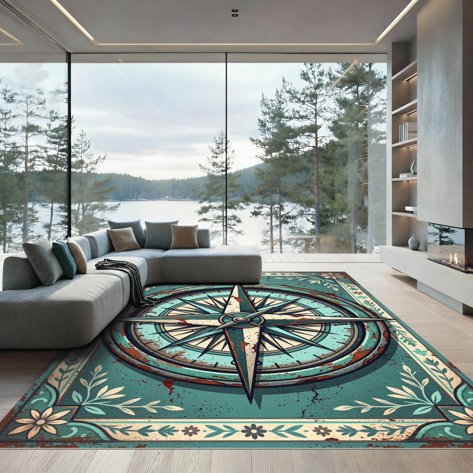Distressed Teal Compass Nautical Wanderlust Rug