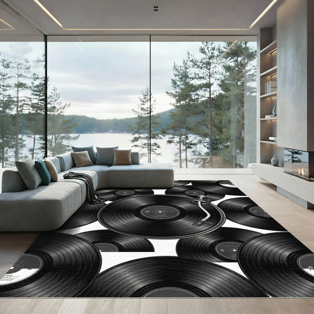Monochrome Retro Vinyl Record Composition Rug