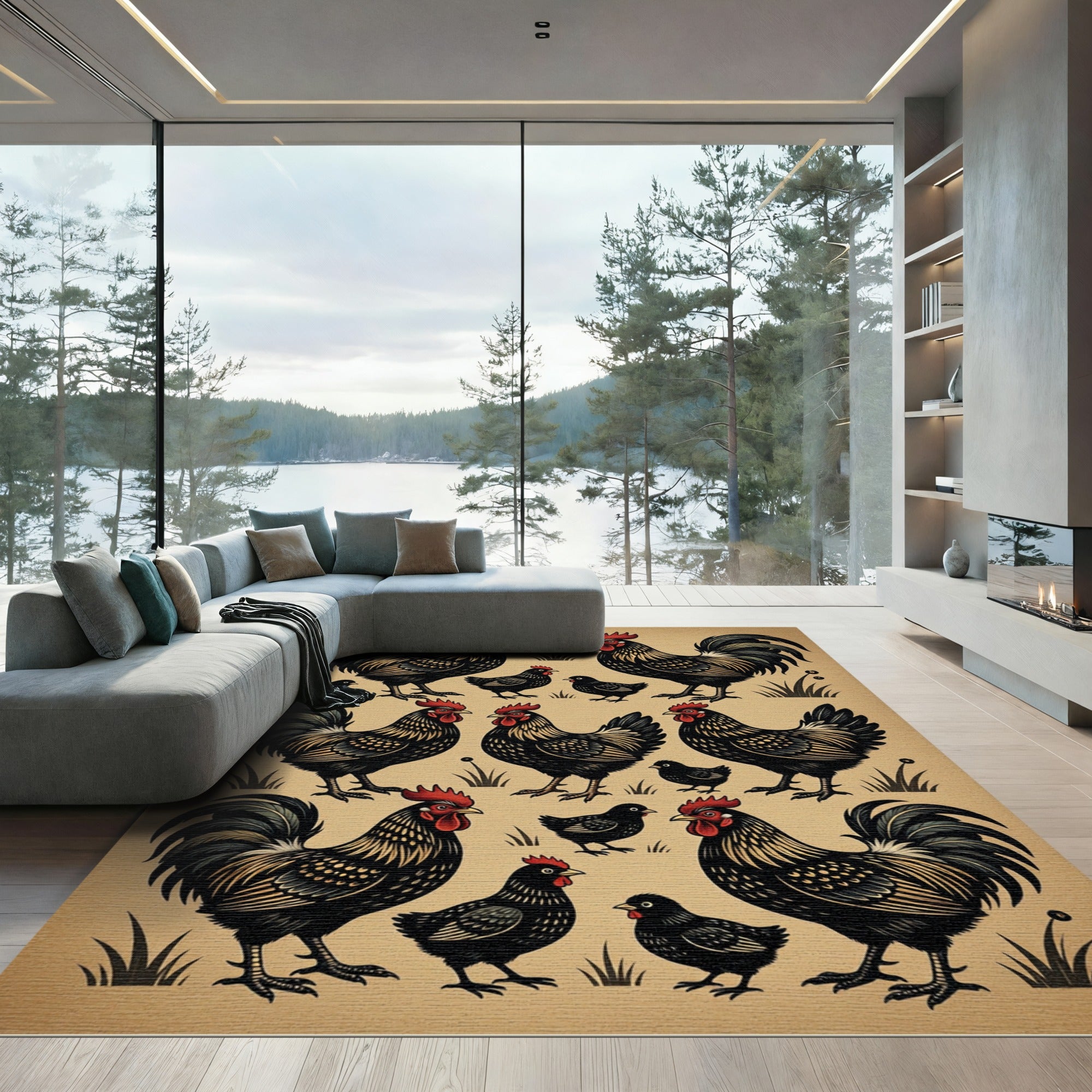 Black Rooster Folk Art Farmhouse Rug