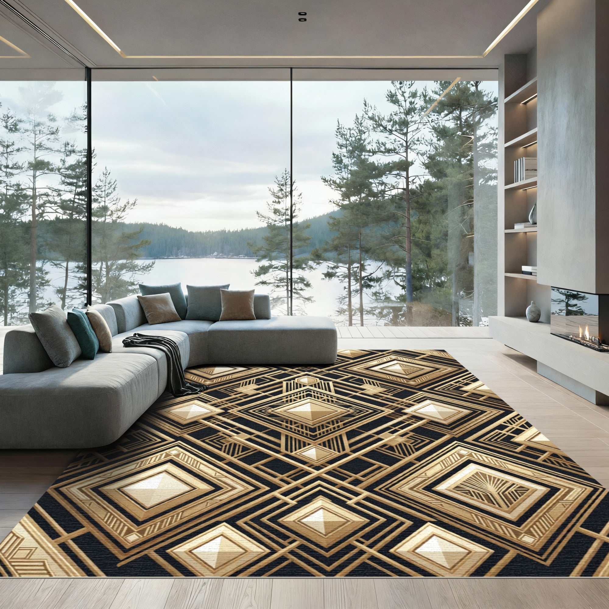 Art Deco Gold Geometric Diamond Rug
