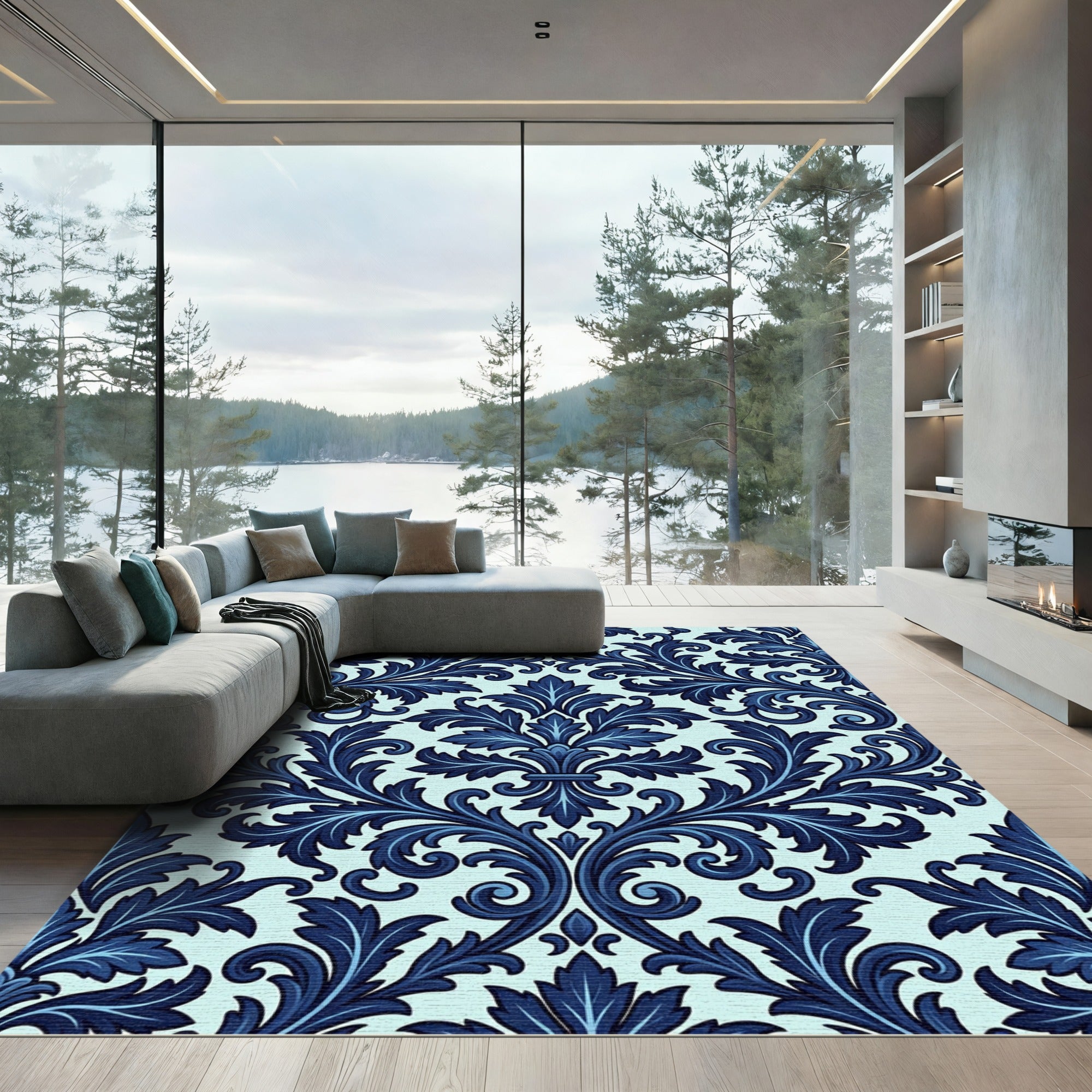 Deep Blue Floral Damask Sweep Rug