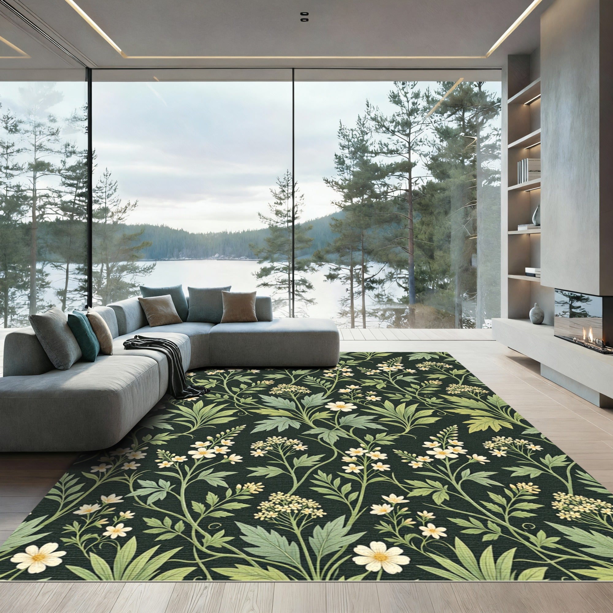 Botanical White Blossom Dark Sage Background Rug