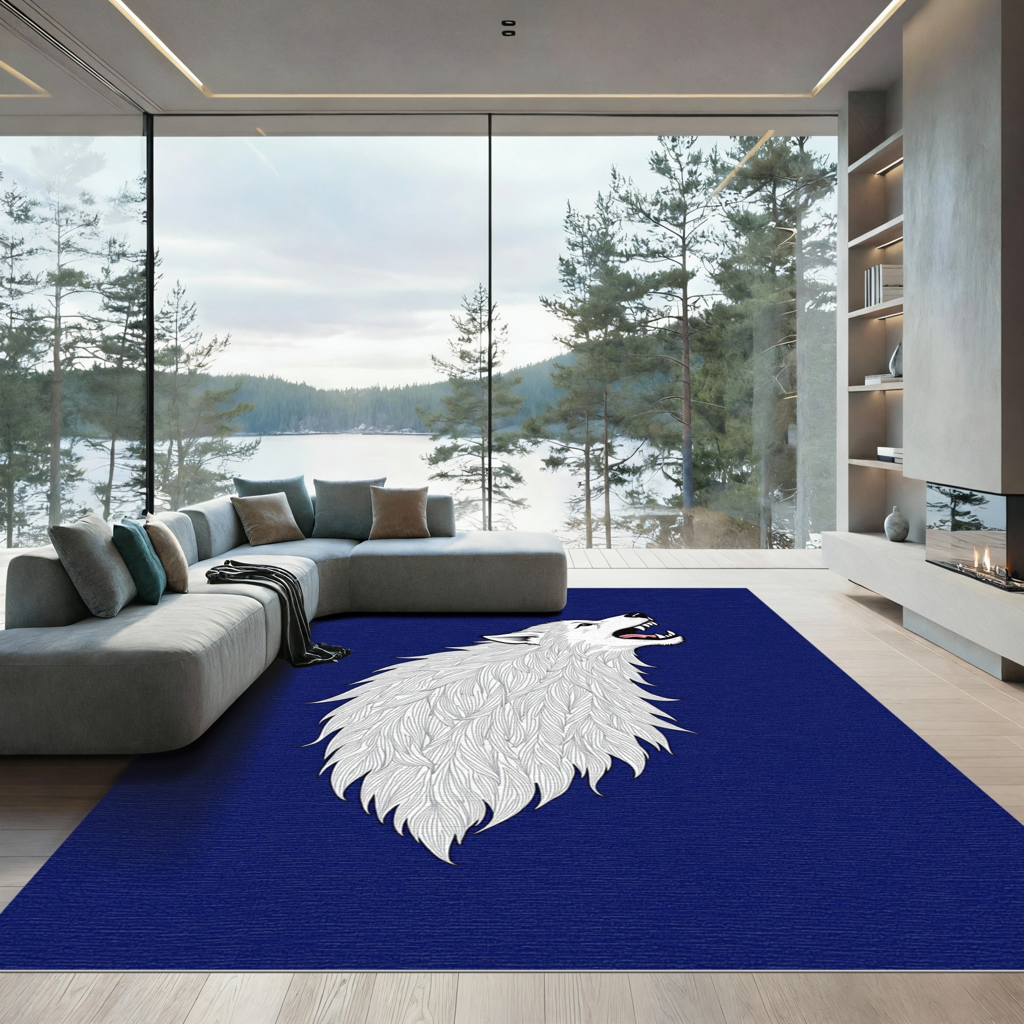 White Howling Wolf Deep Blue Rug