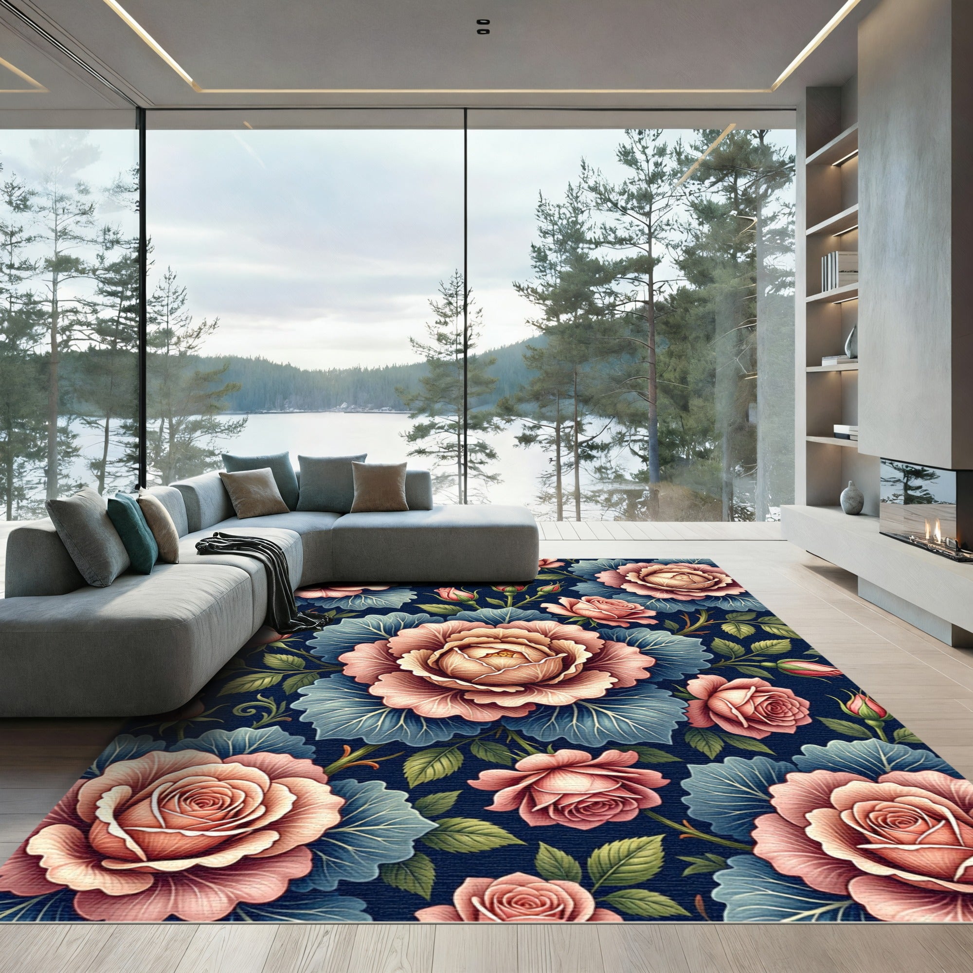 Romantic Pink Rose Dark Floral Rug
