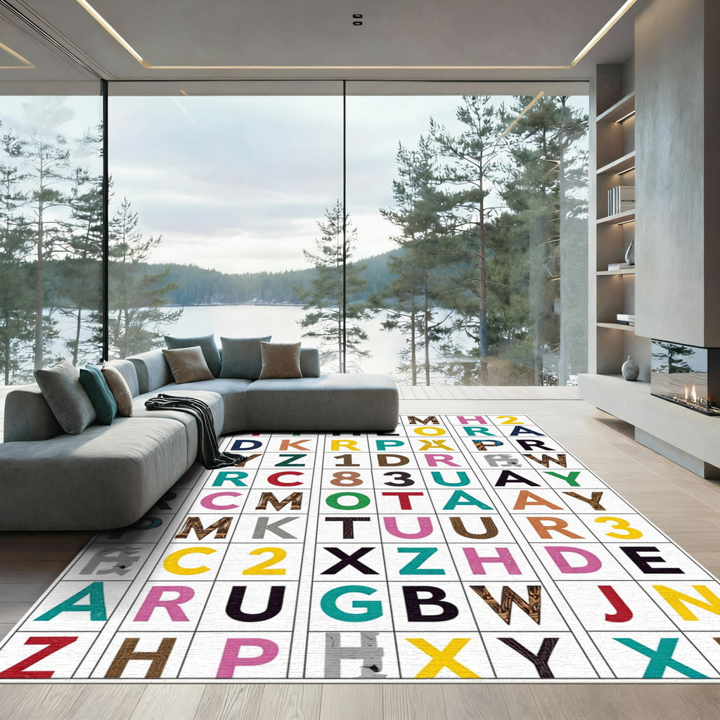 Multicolor Alphabet Grid Composition Rug