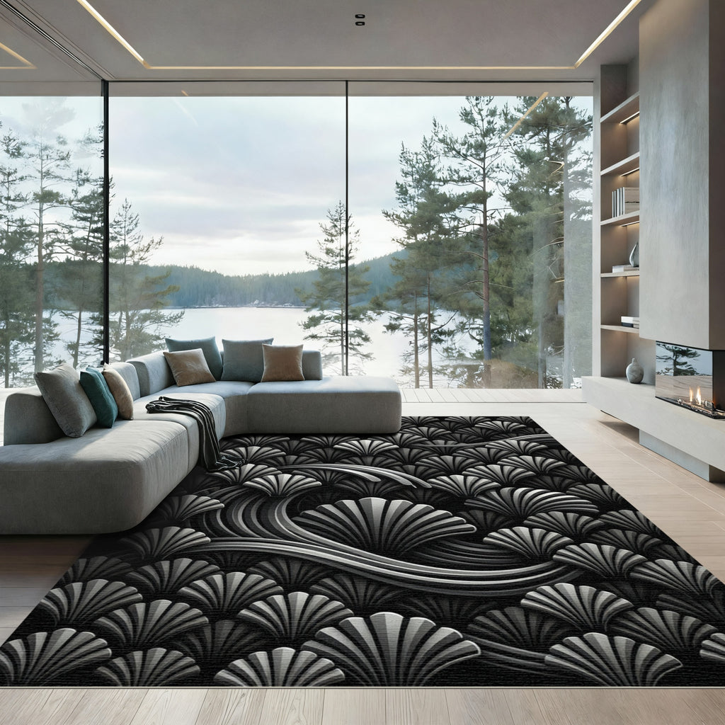Art Deco Shell Wave Monochromatic Rug