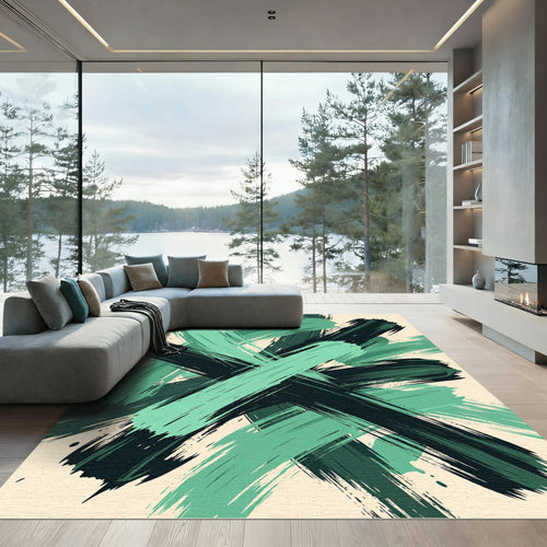 Abstract Emerald Black Brush Stroke Rug