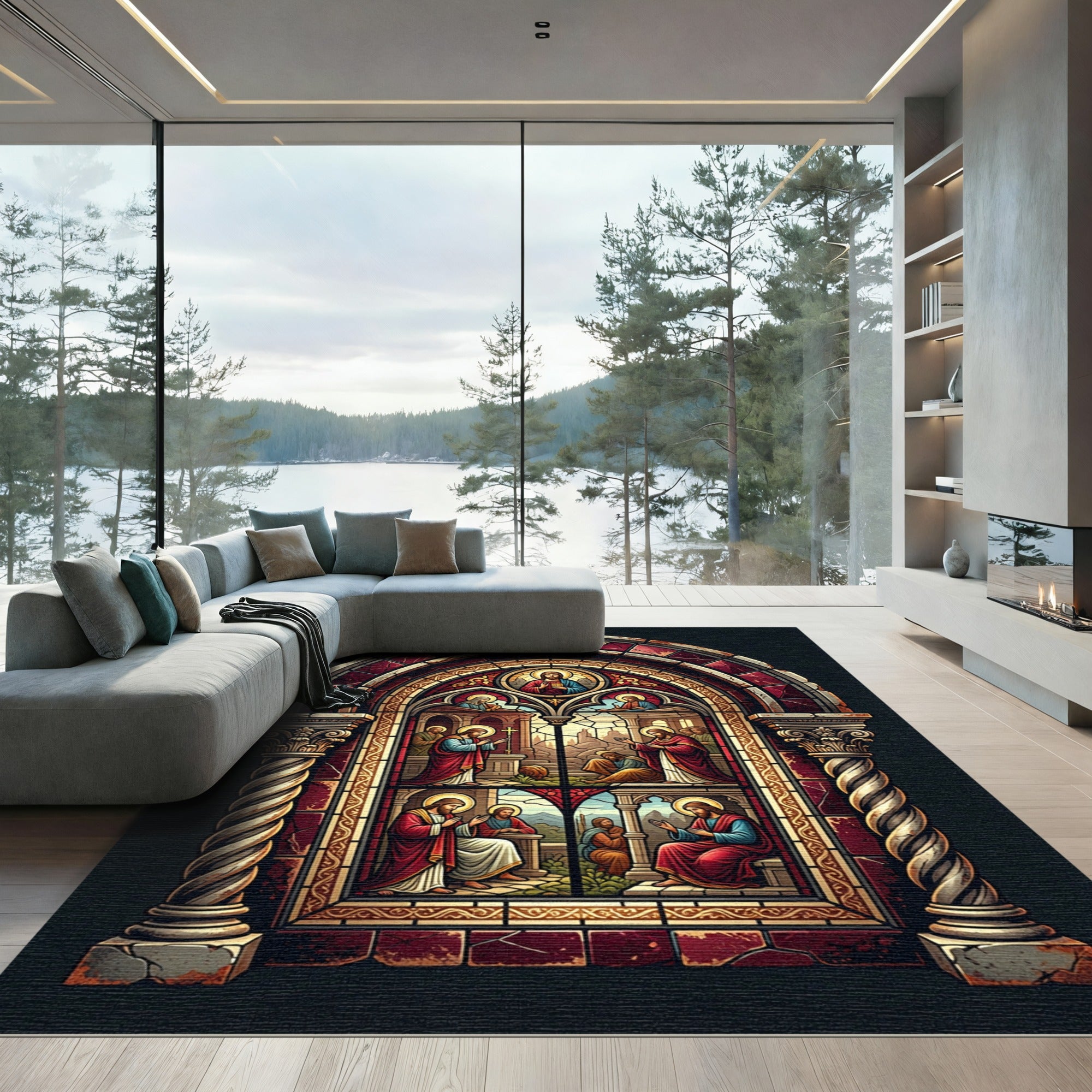 Stained Glass Religious Cathedral Arch Art Rug