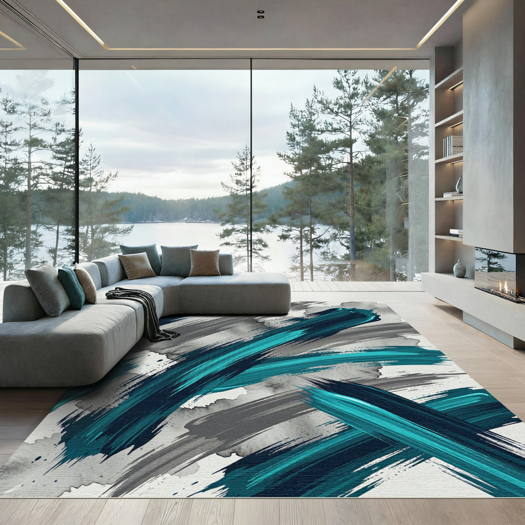 Aqua Teal Navy Brush Strokes Rug
