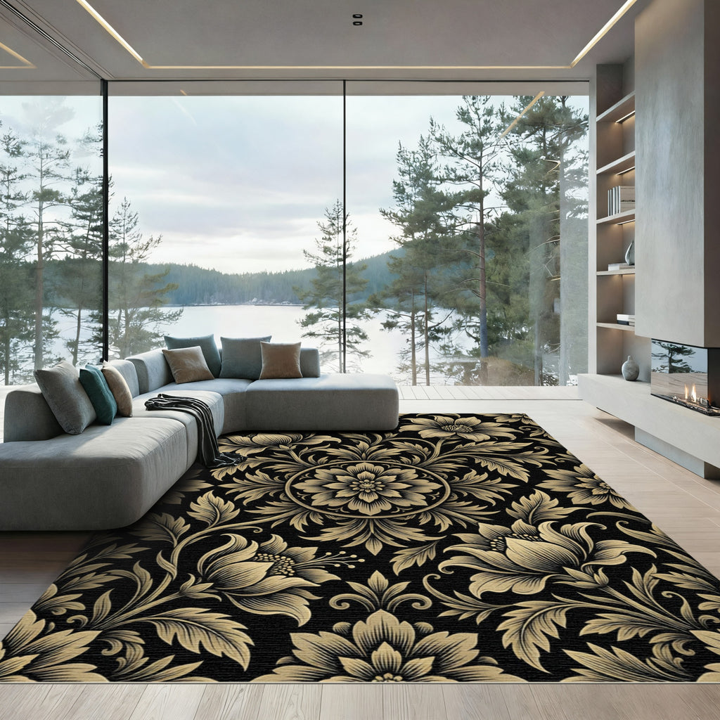 Opulent Black Gold Floral Scroll Rug