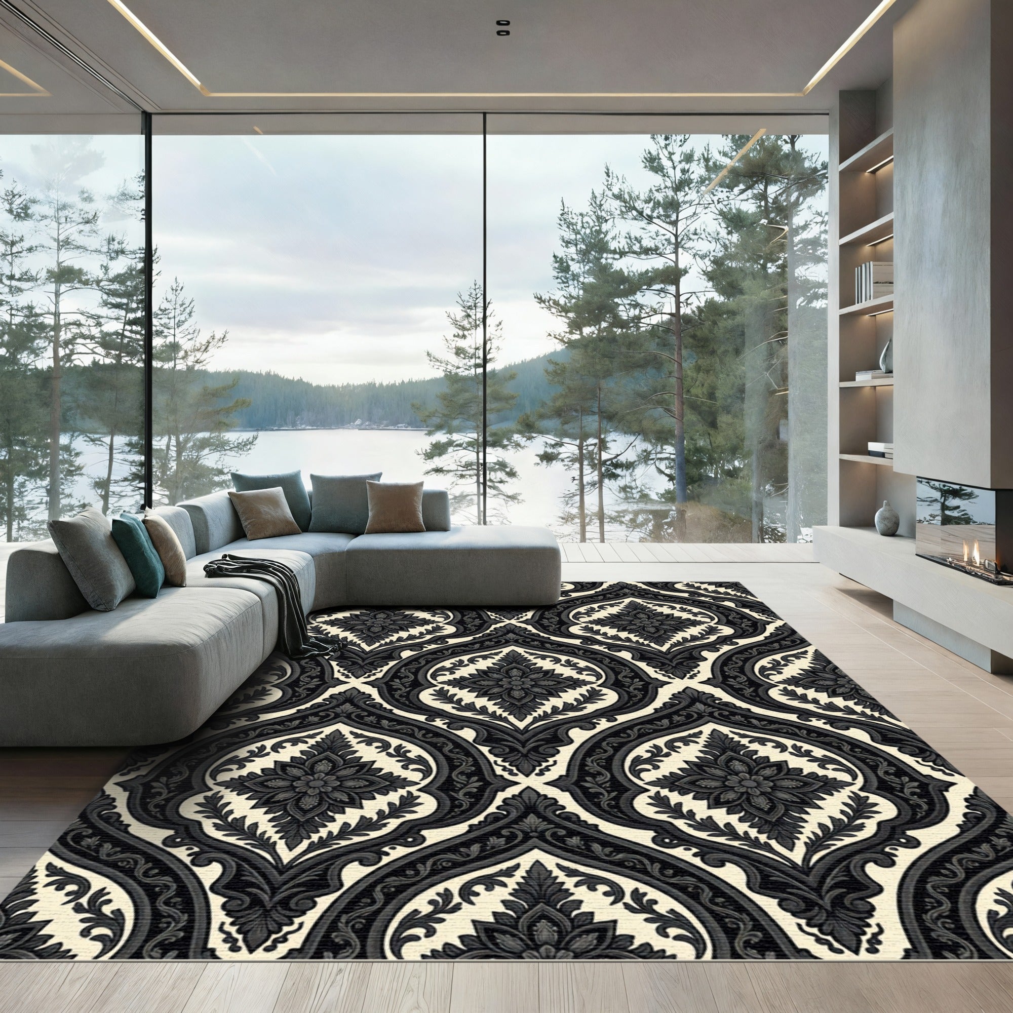 Classic Black Ivory Scroll Medallion Rug