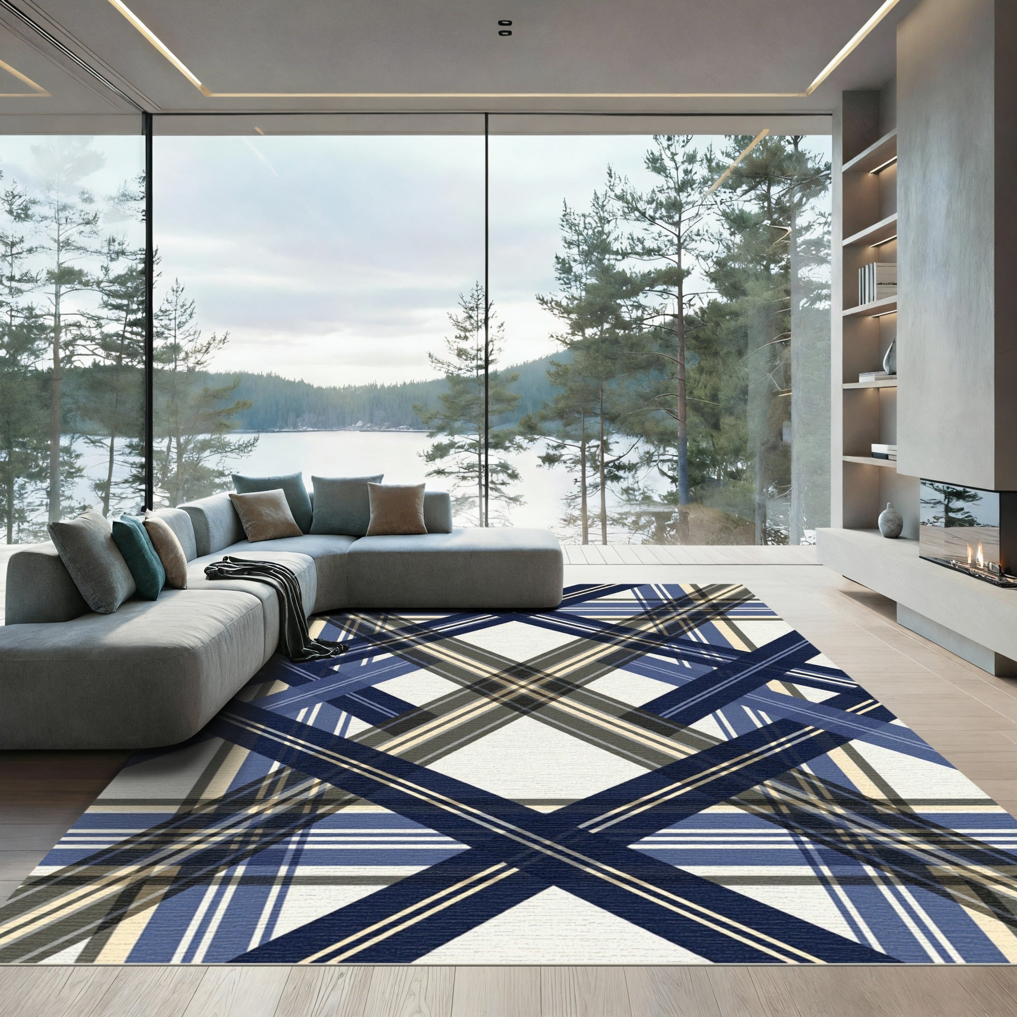 Sophisticated Navy and Cream Diagonal Plaid Rug