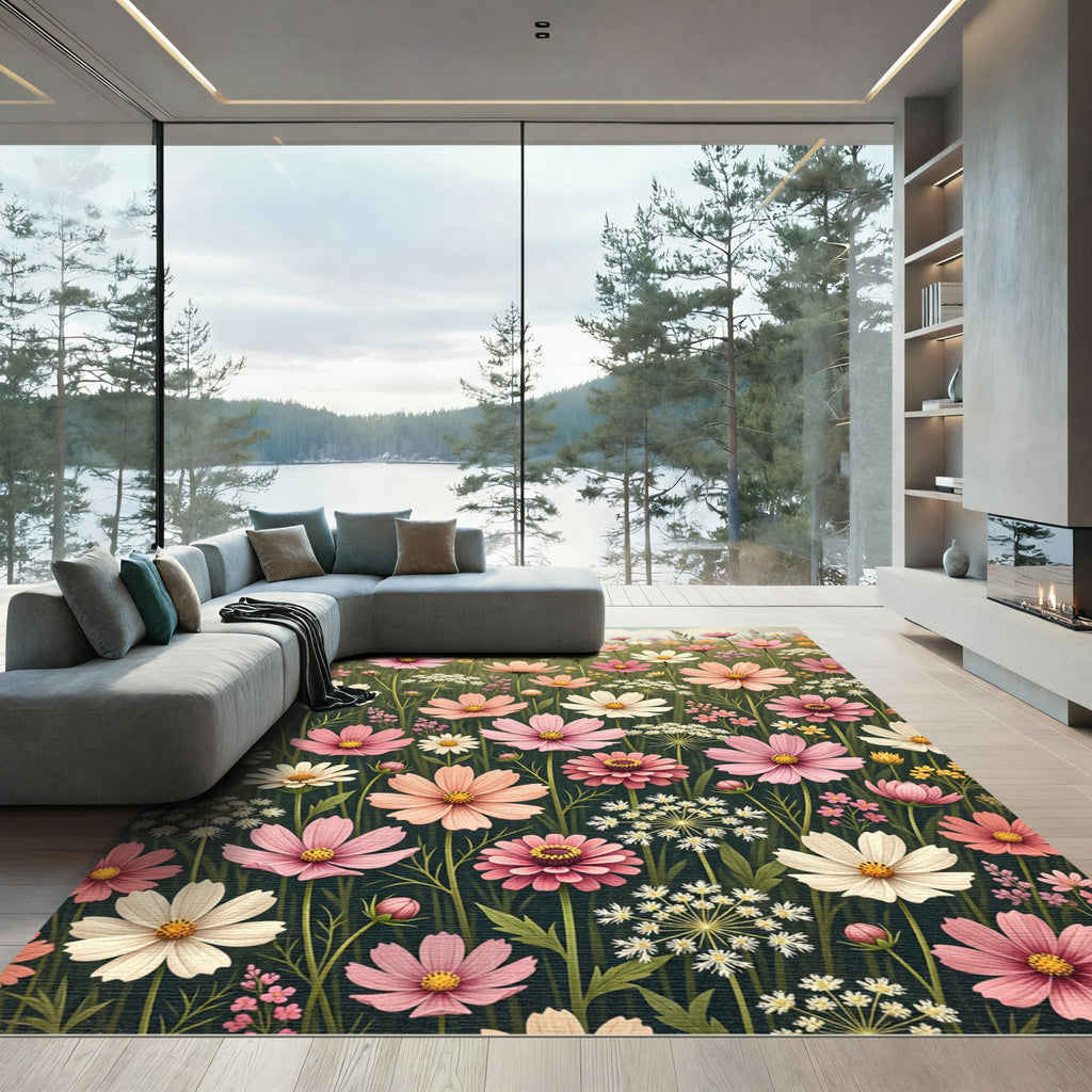 Blushing Cosmos Floral Meadow Area Rug