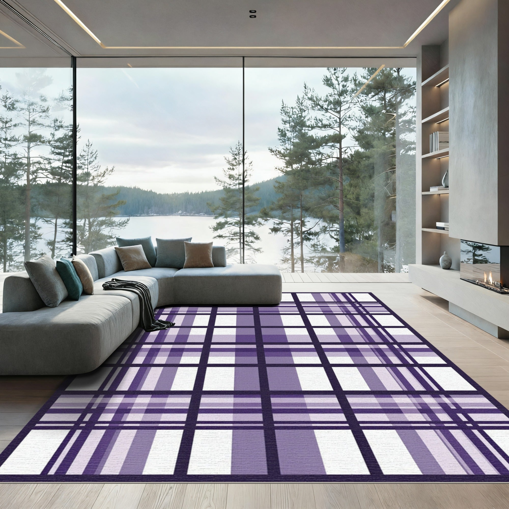 Contemporary Violet Geometric Plaid Grid Rug