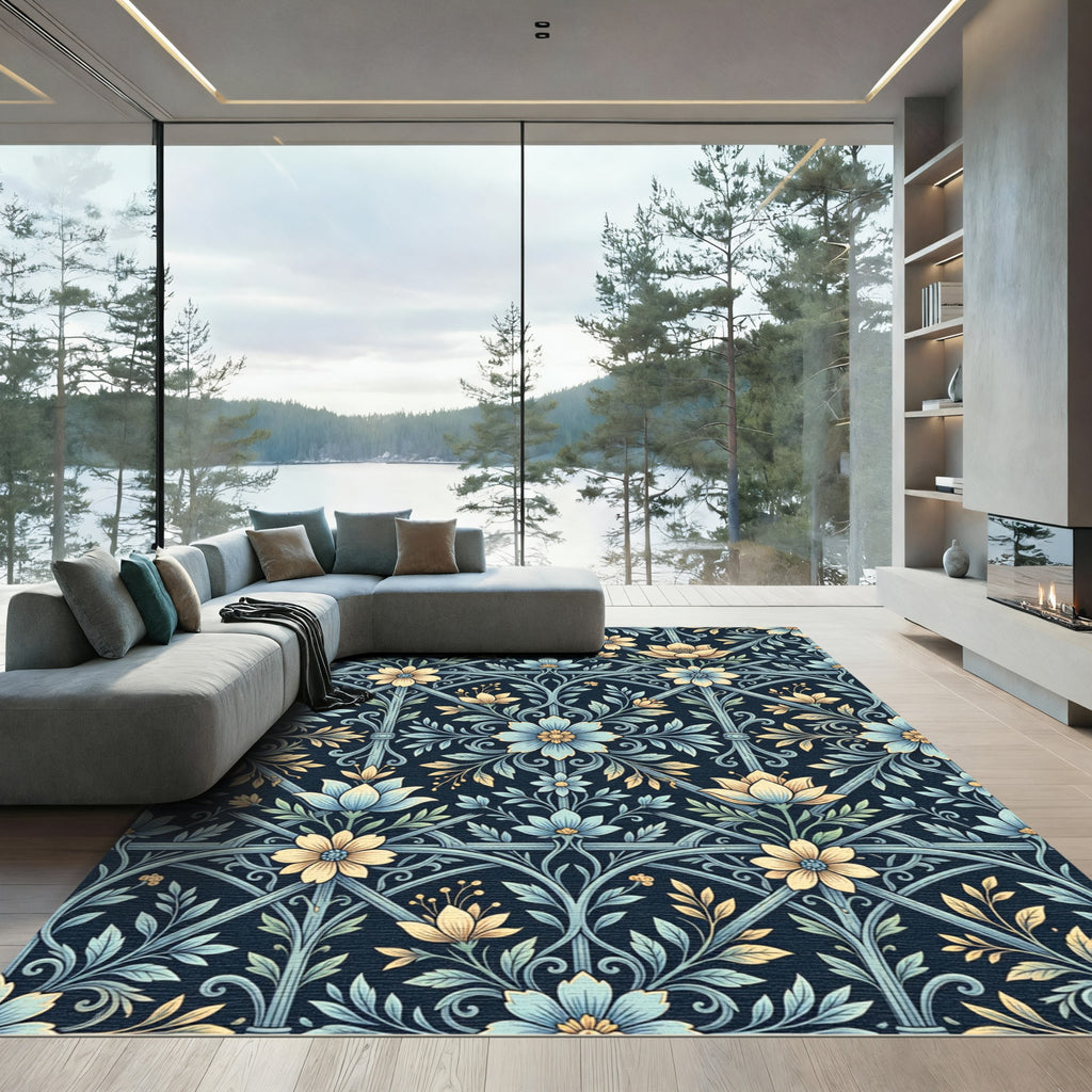 Blue Floral Gilded Trellis Art Rug