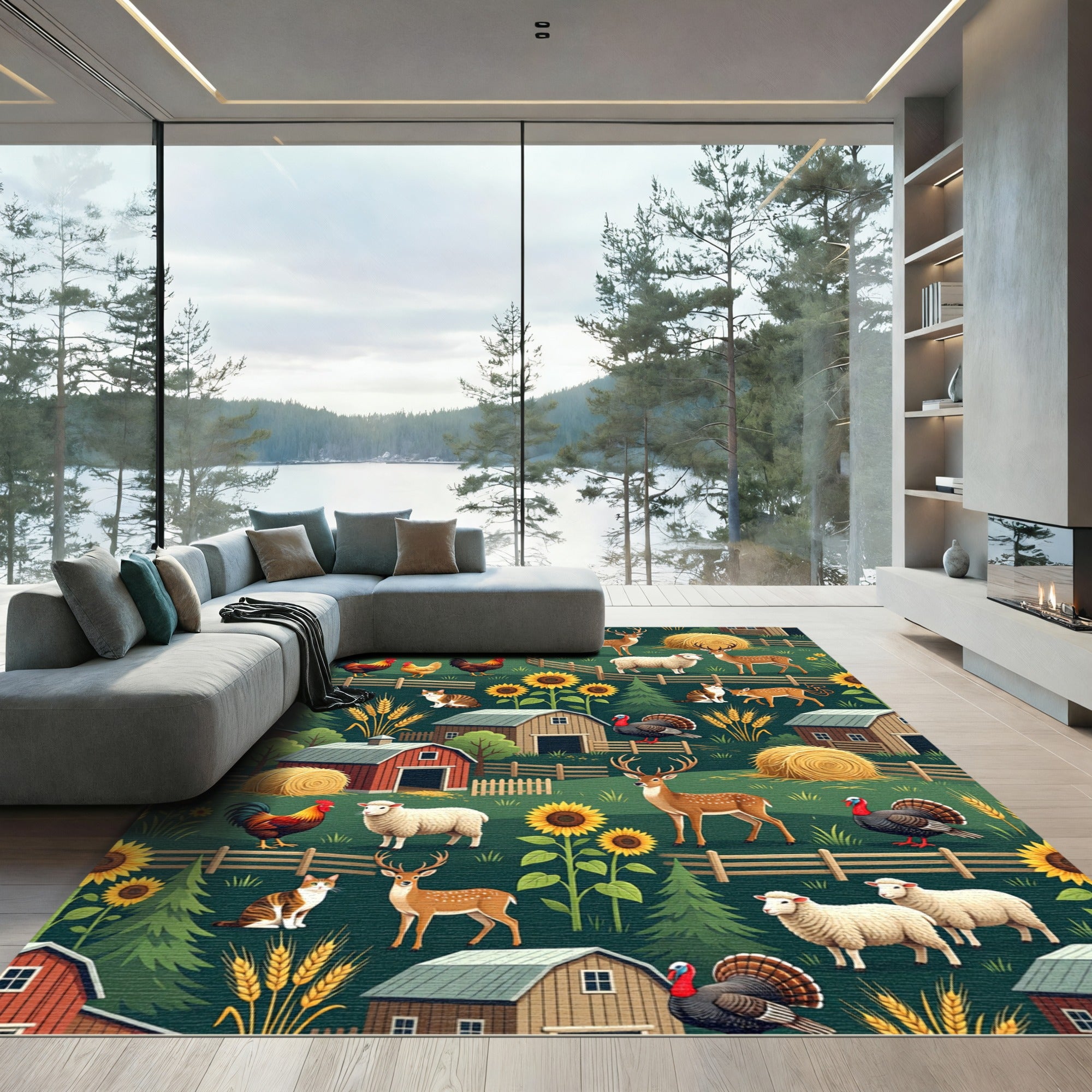 Forest Farm Animals with Sunflowers Rug