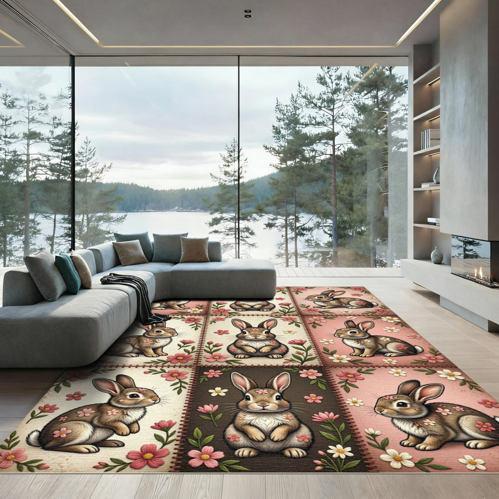 Charming Rabbit and Floral Patchwork Quilt Rug