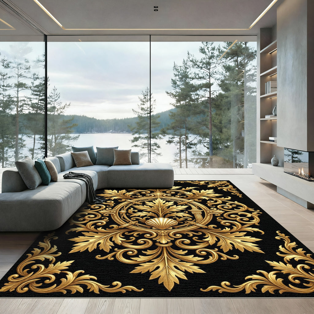 Ornate Gold Acanthus Leaf Baroque Medallion Rug