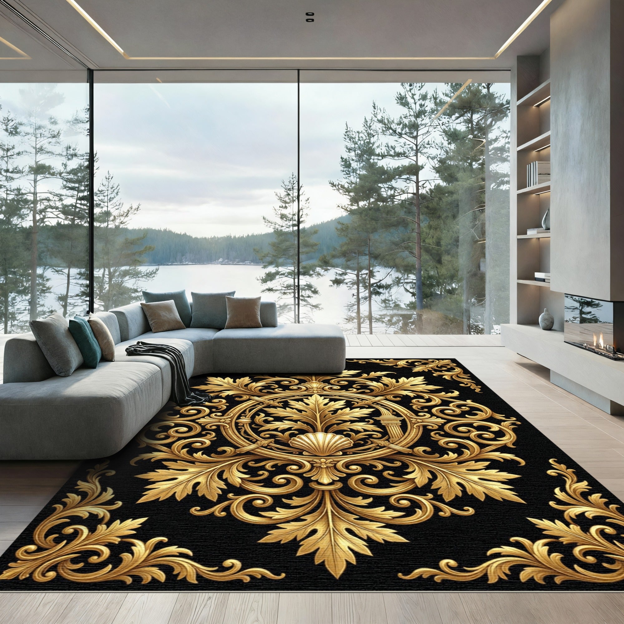 Ornate Gold Acanthus Leaf Baroque Medallion Rug