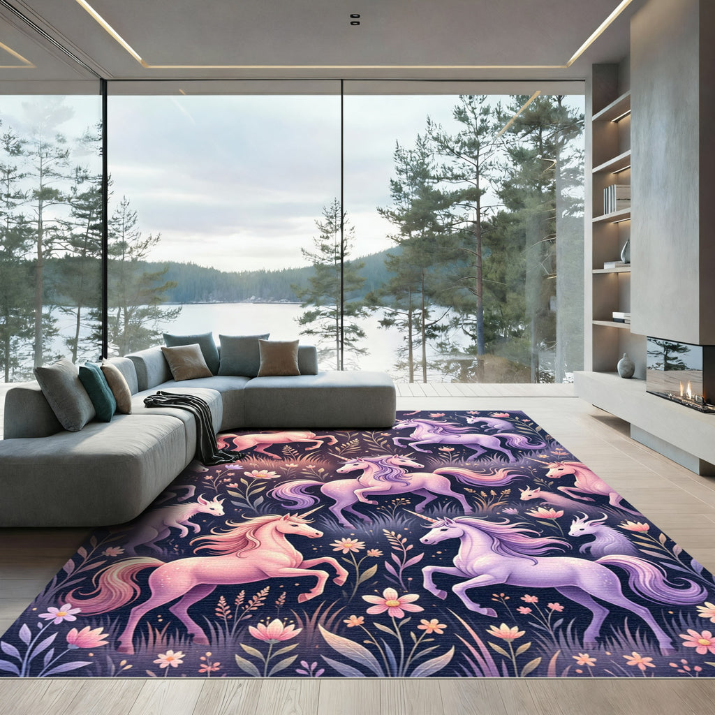 Whimsical Pastel Unicorn Floral Field Rug