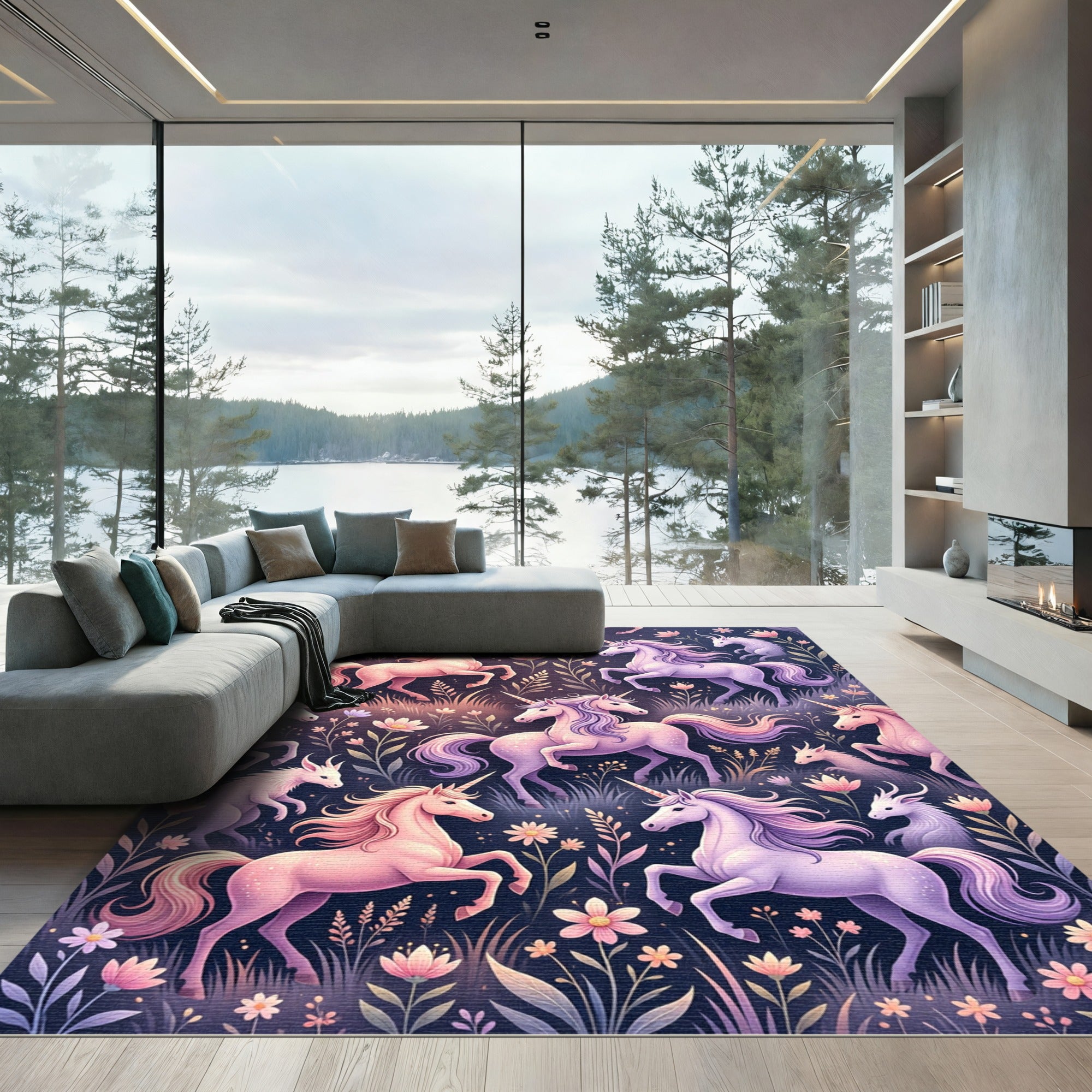 Whimsical Pastel Unicorn Floral Field Rug