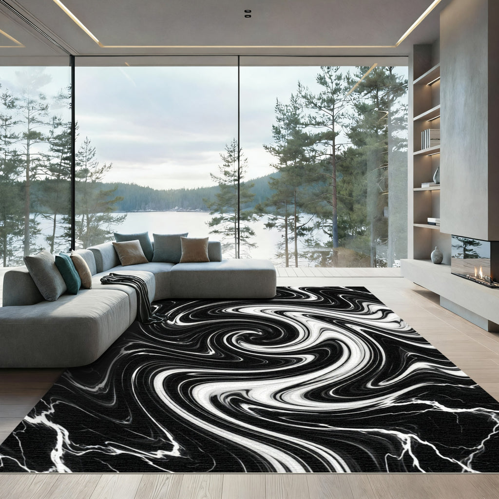 Black White Swirling Marbled Rug