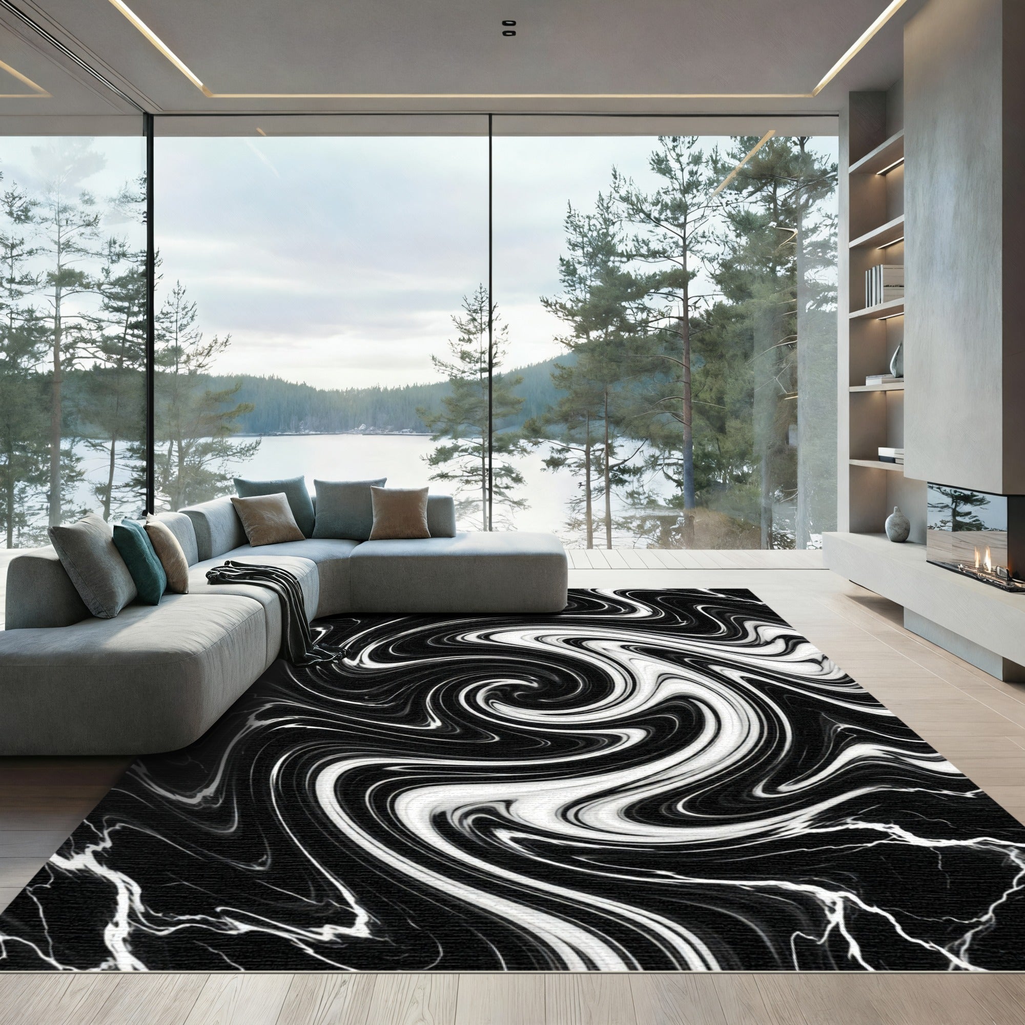 Black White Swirling Marbled Rug
