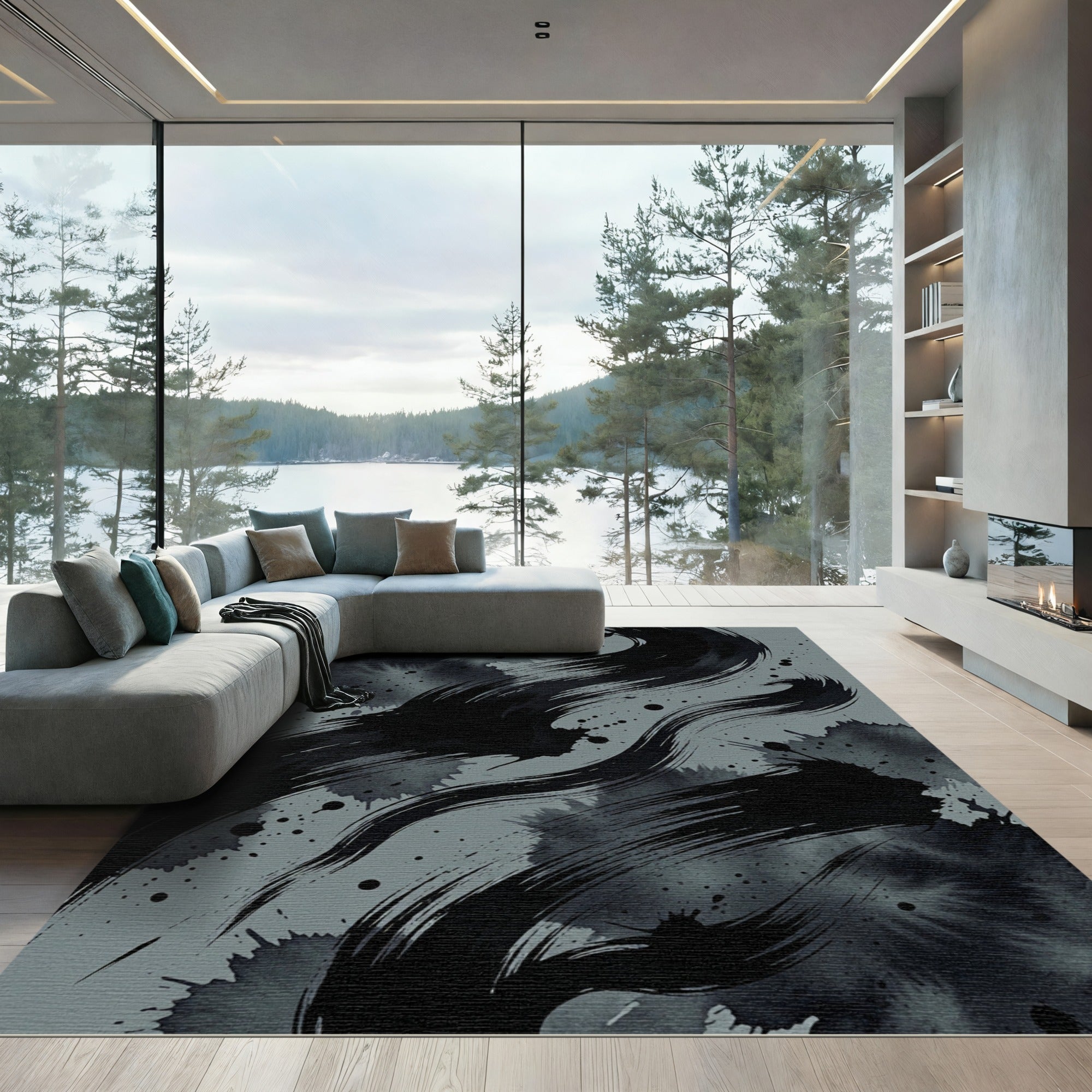Monochromatic Ink Brush Stroke Rug