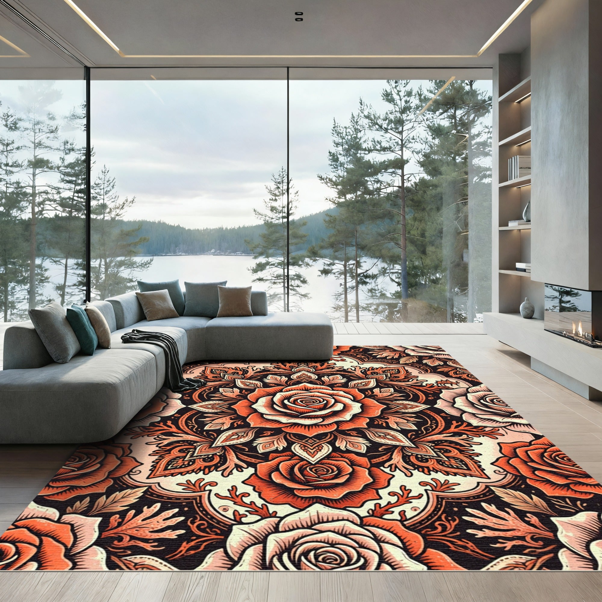 Burnt Orange Rose Floral Medallion Rug