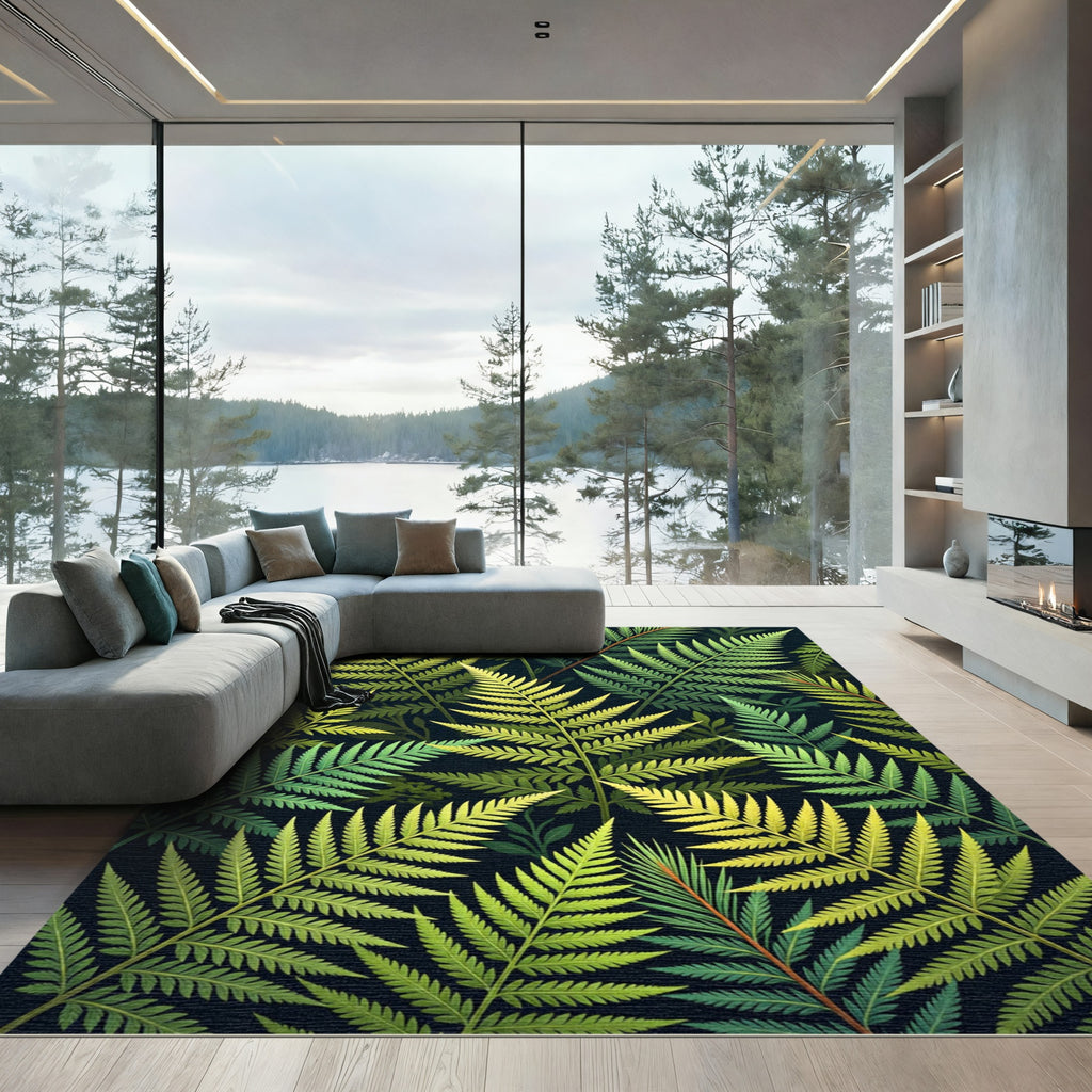 Green Tropical Fern Leaf Overlay Rug