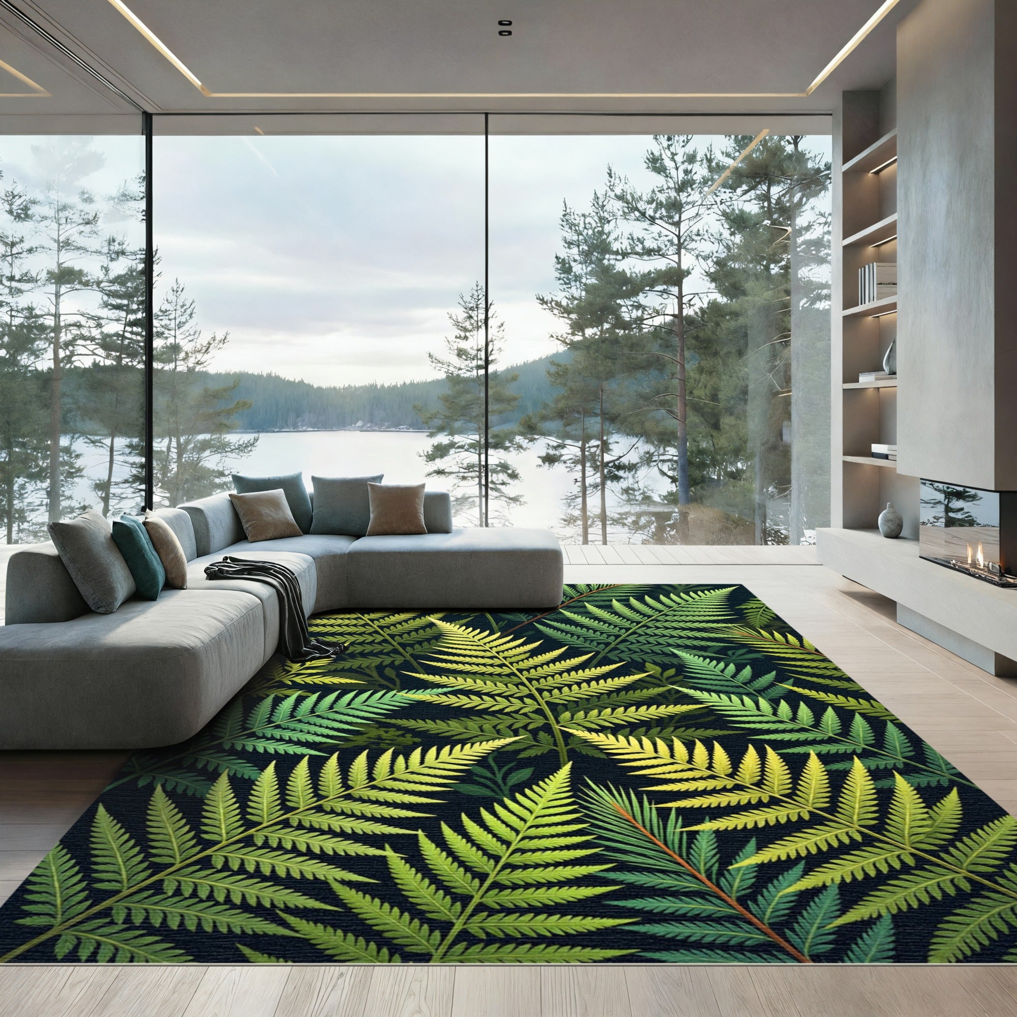 Green Tropical Fern Leaf Overlay Rug