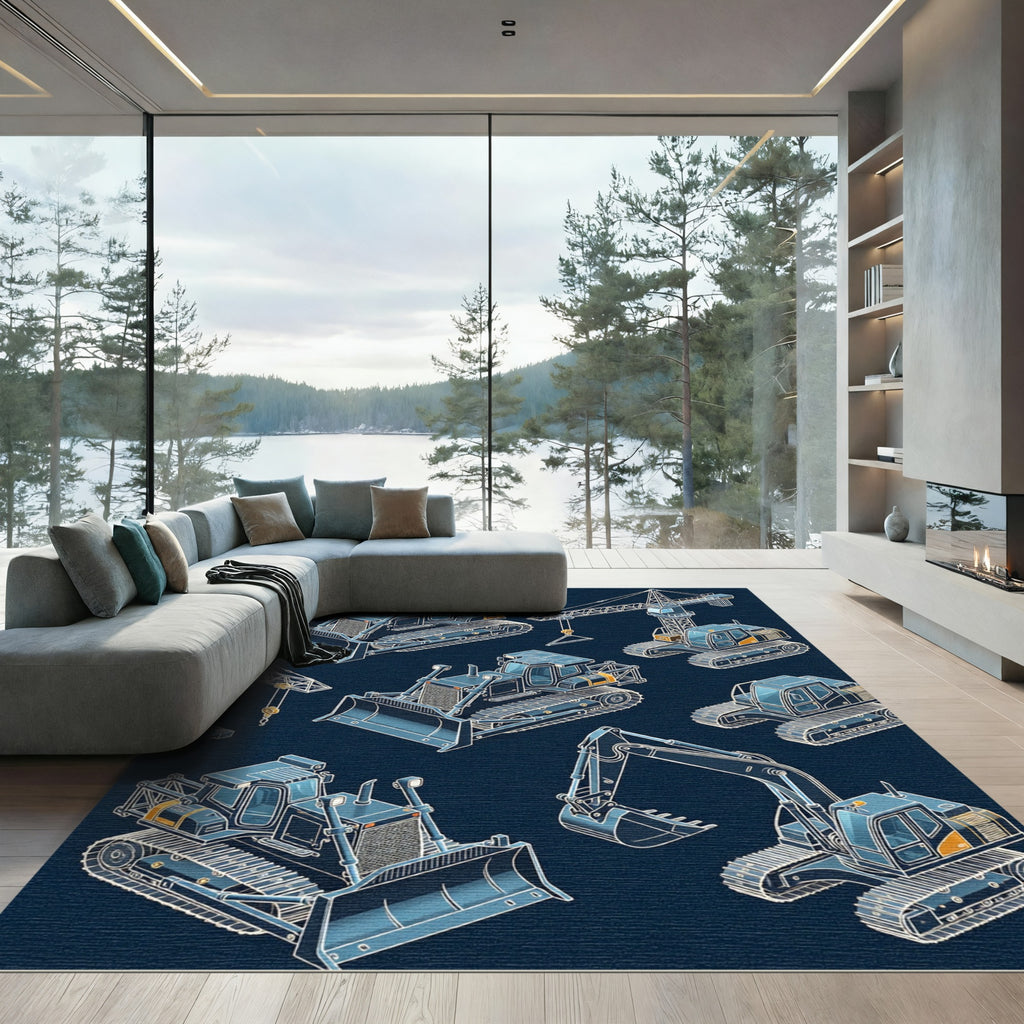 Isometric Heavy Machinery Construction Blue Rug