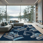 Isometric Heavy Machinery Construction Blue Rug