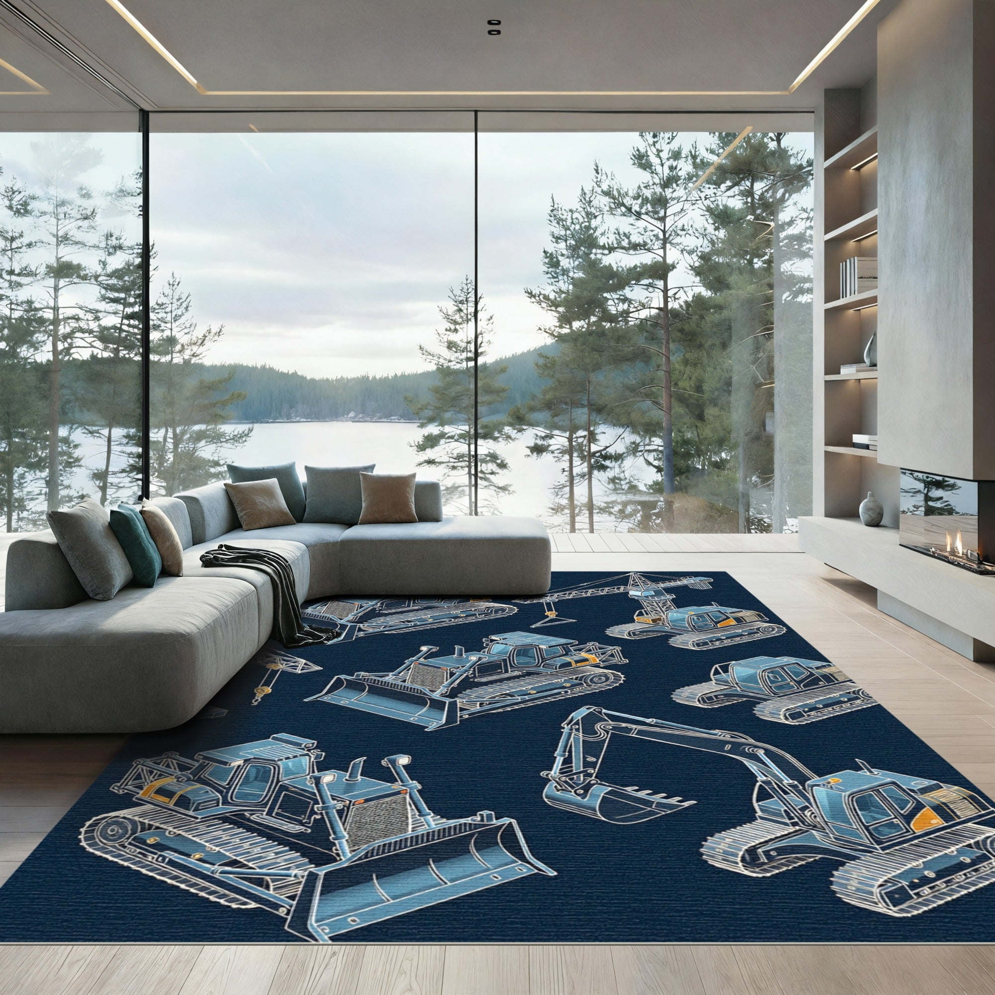 Isometric Heavy Machinery Construction Blue Rug
