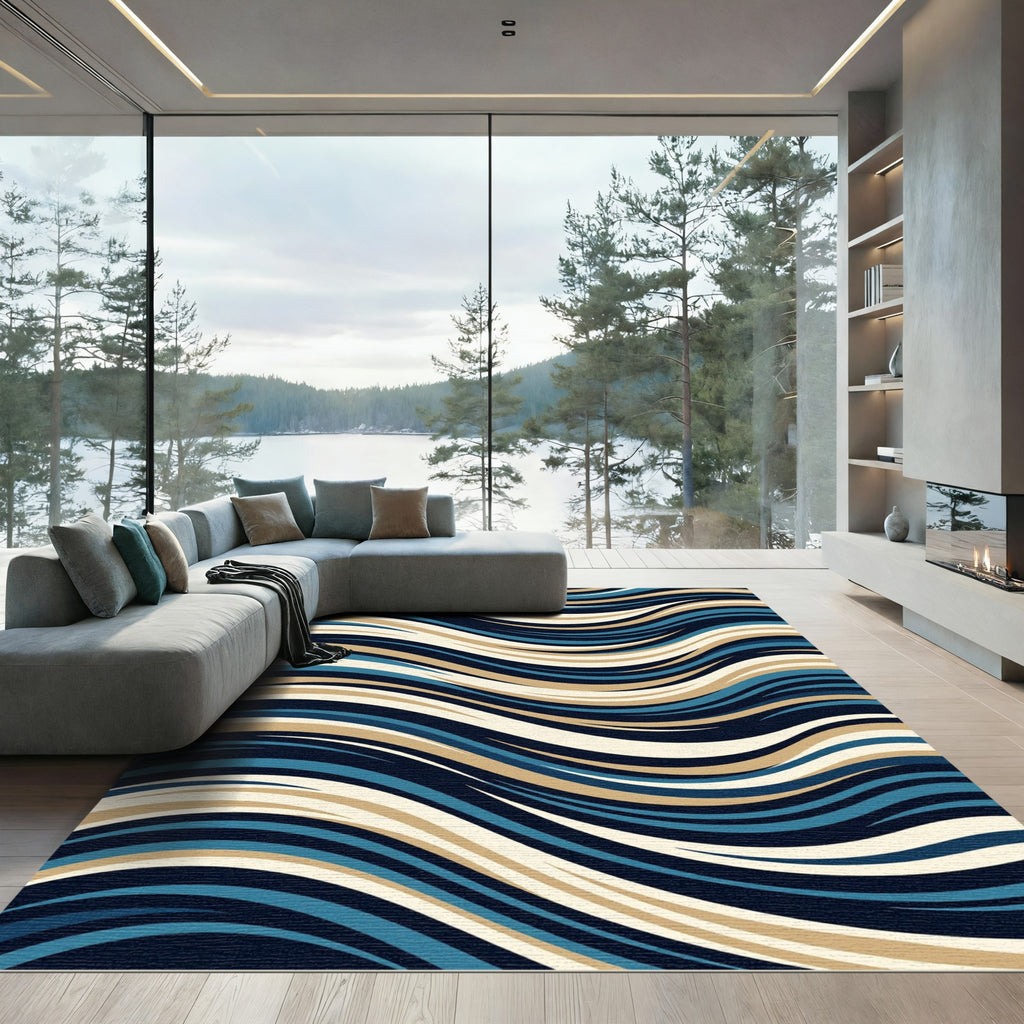 Modern Blue and Beige Wavy Lines Rug