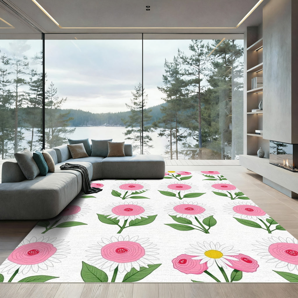 Pink White Daisy Rose Garden Rug