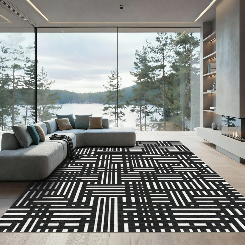 Monochrome Abstract Intersecting Line Art Rug