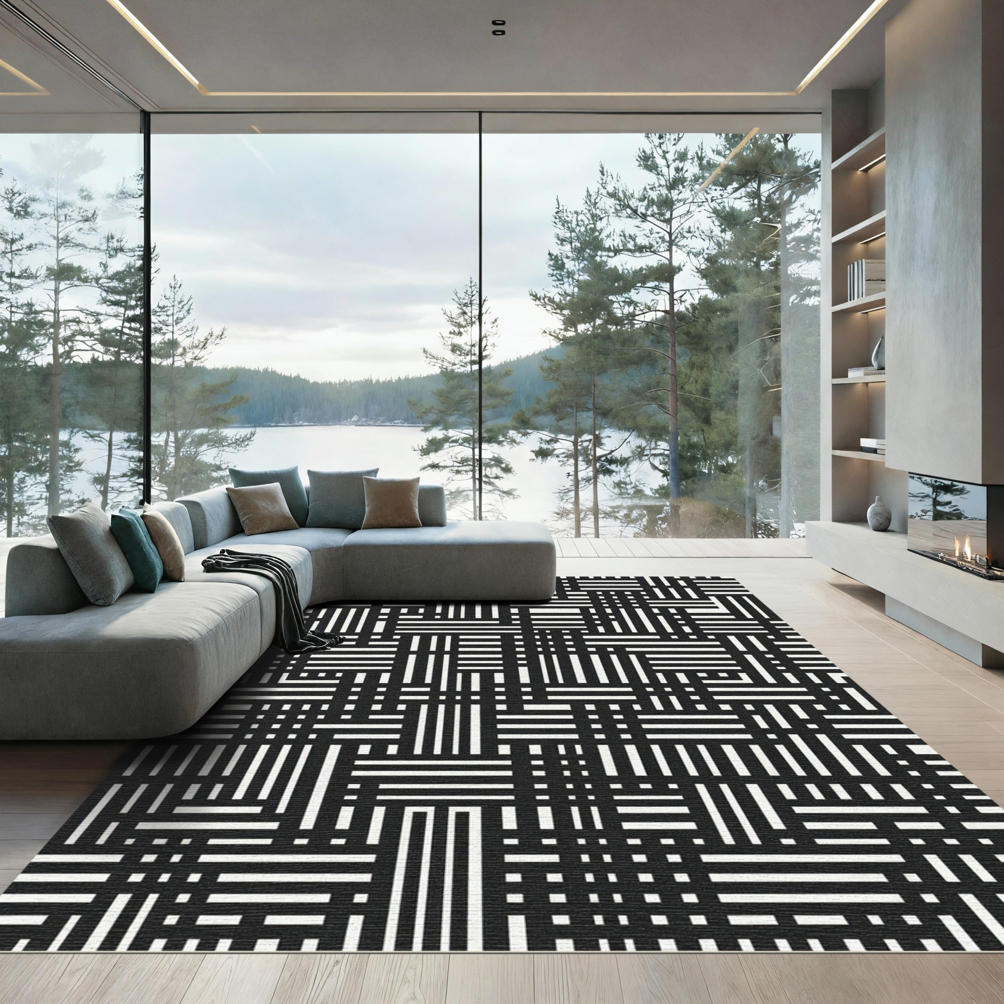 Monochrome Abstract Intersecting Line Art Rug