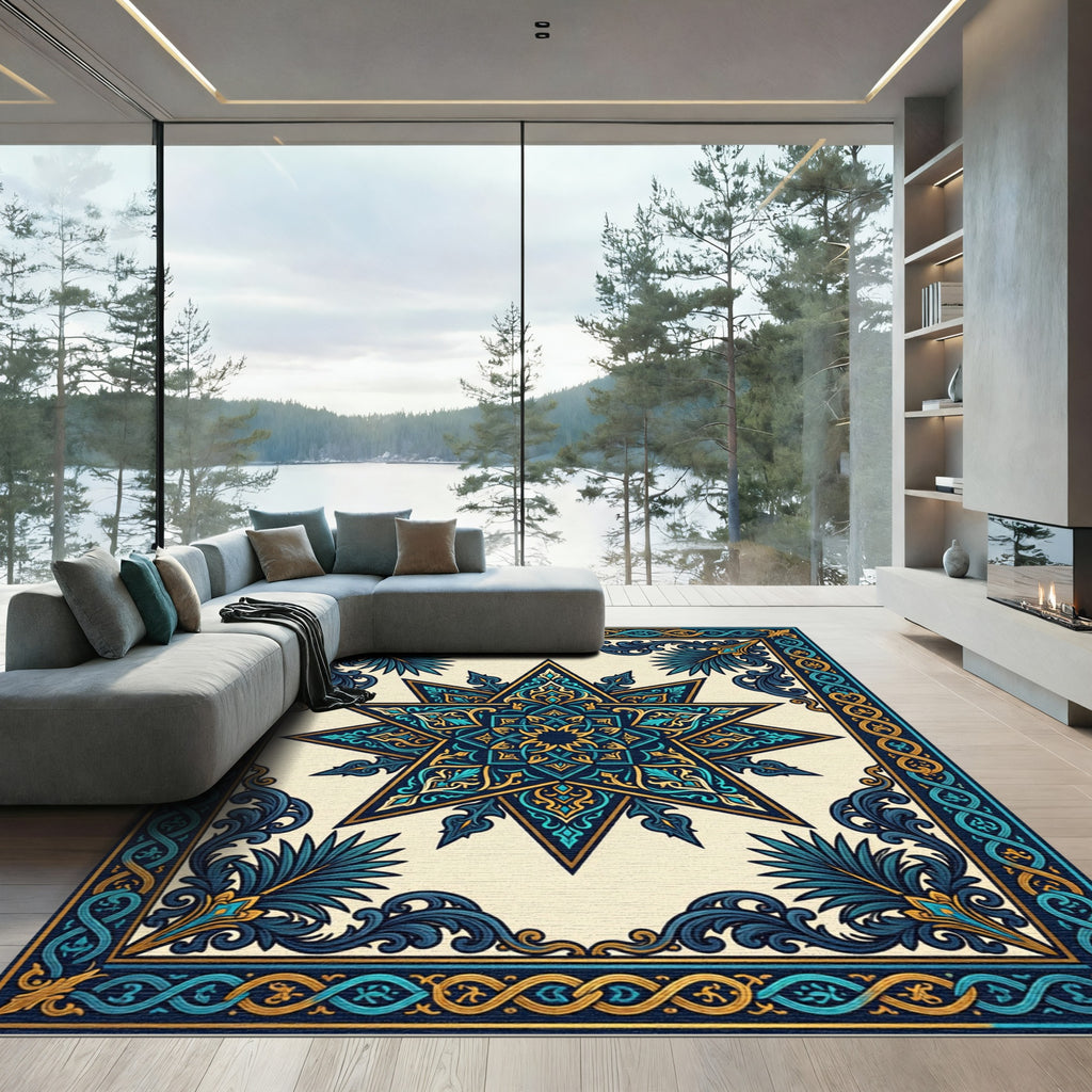 Intricate Teal Gold Star Border Rug