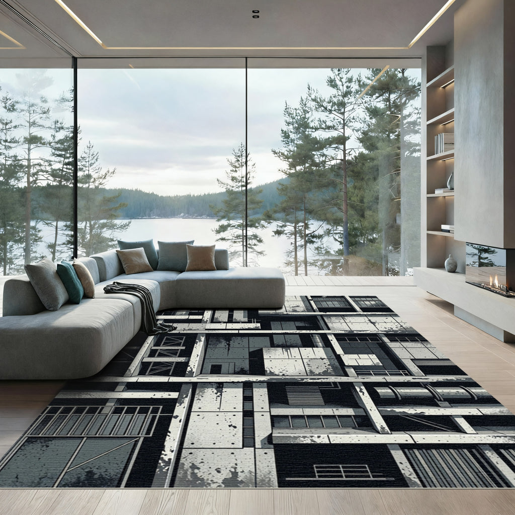 Industrial Concrete Grayscale Geometric Structure Rug