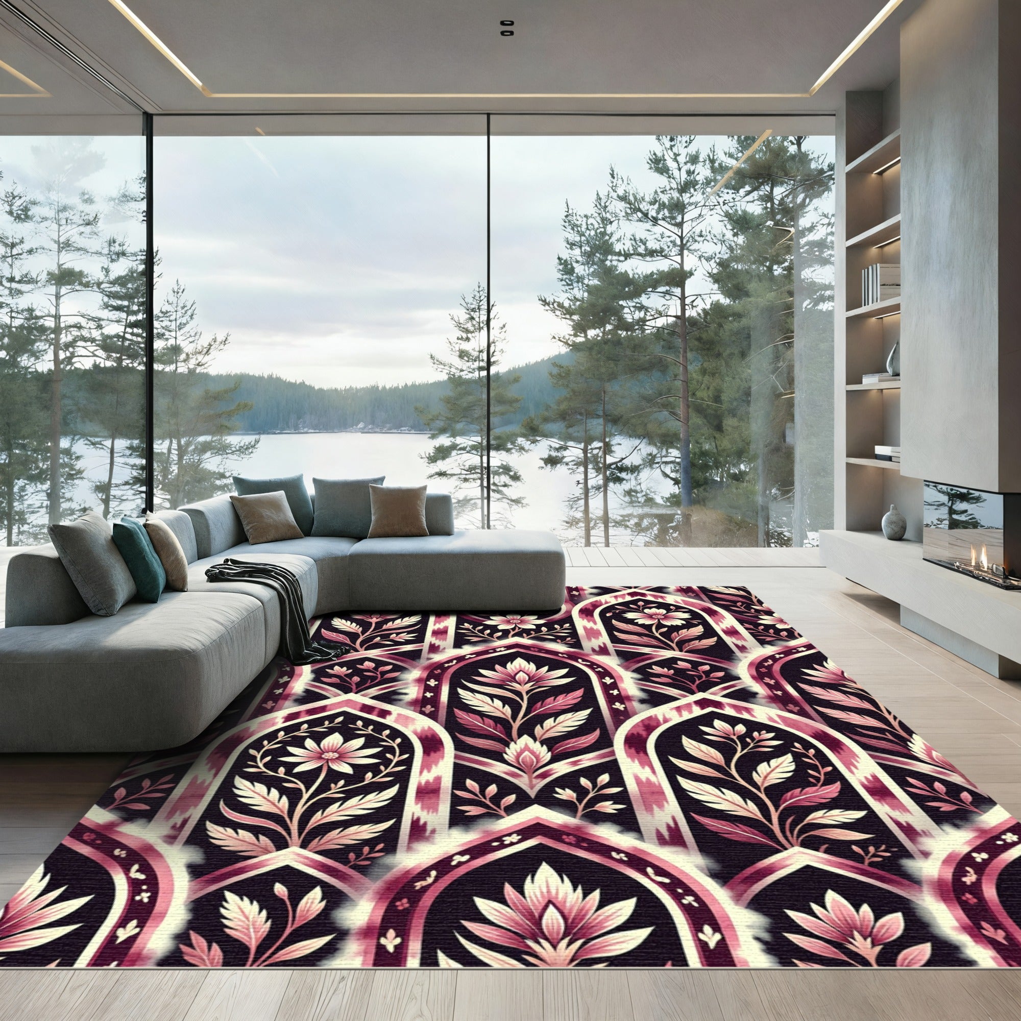 Ornate Pink Floral Archway Botanical Rug