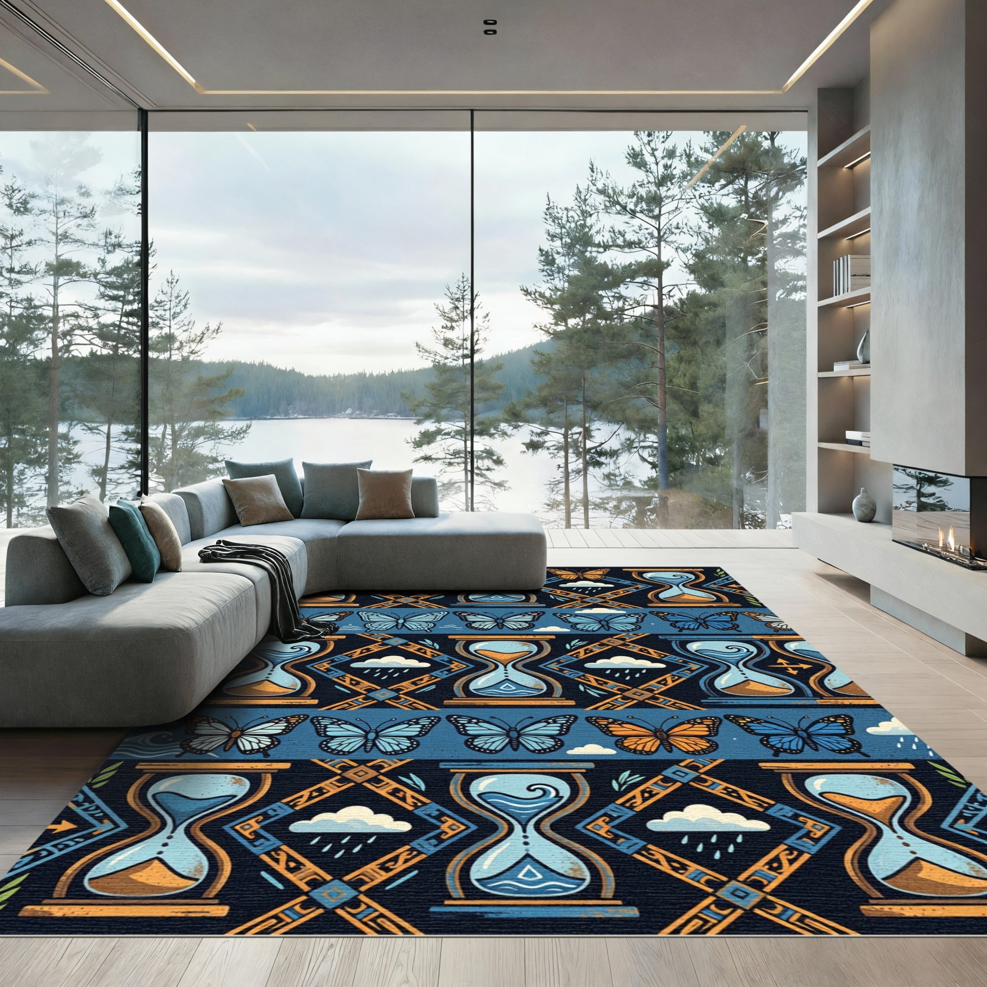 Blue Hourglass Butterfly Terrarium Pattern Rug