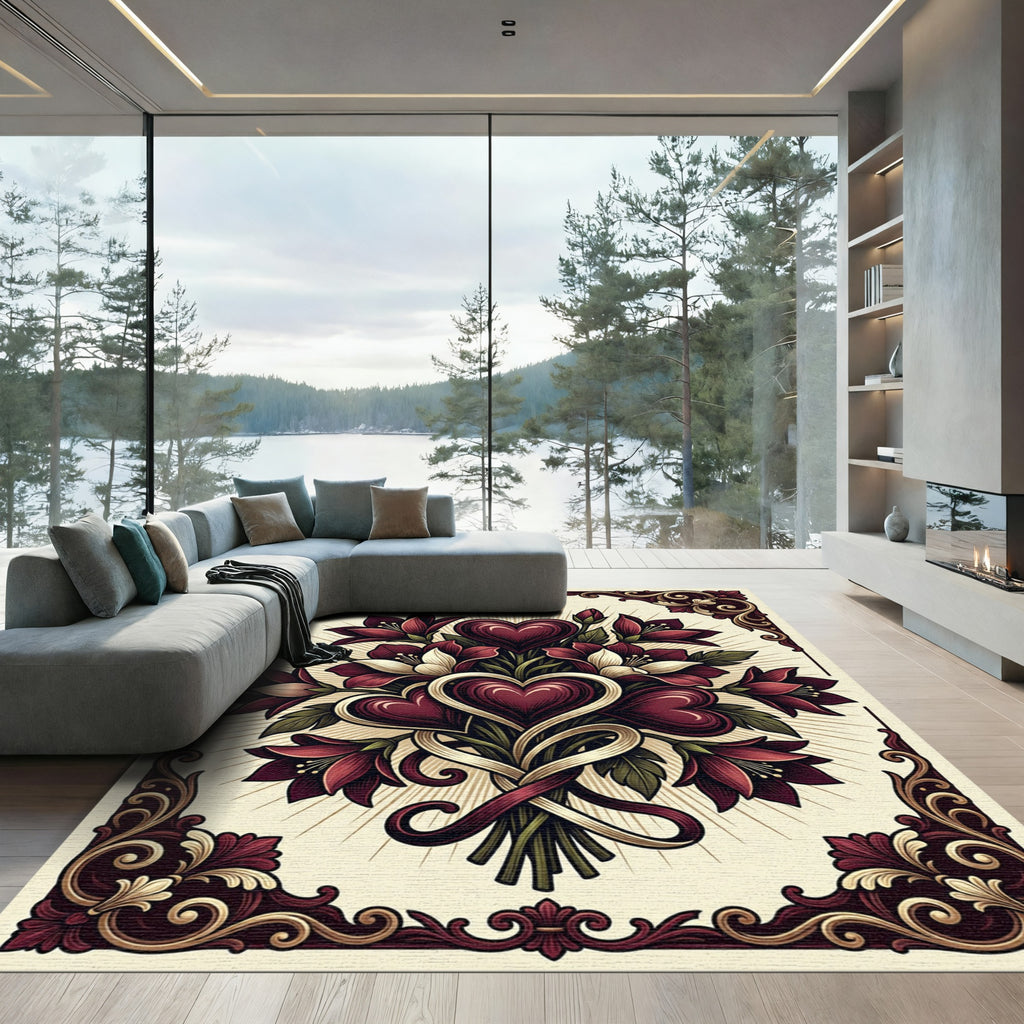 Deep Red Heart Floral Bouquet Scrollwork Rug