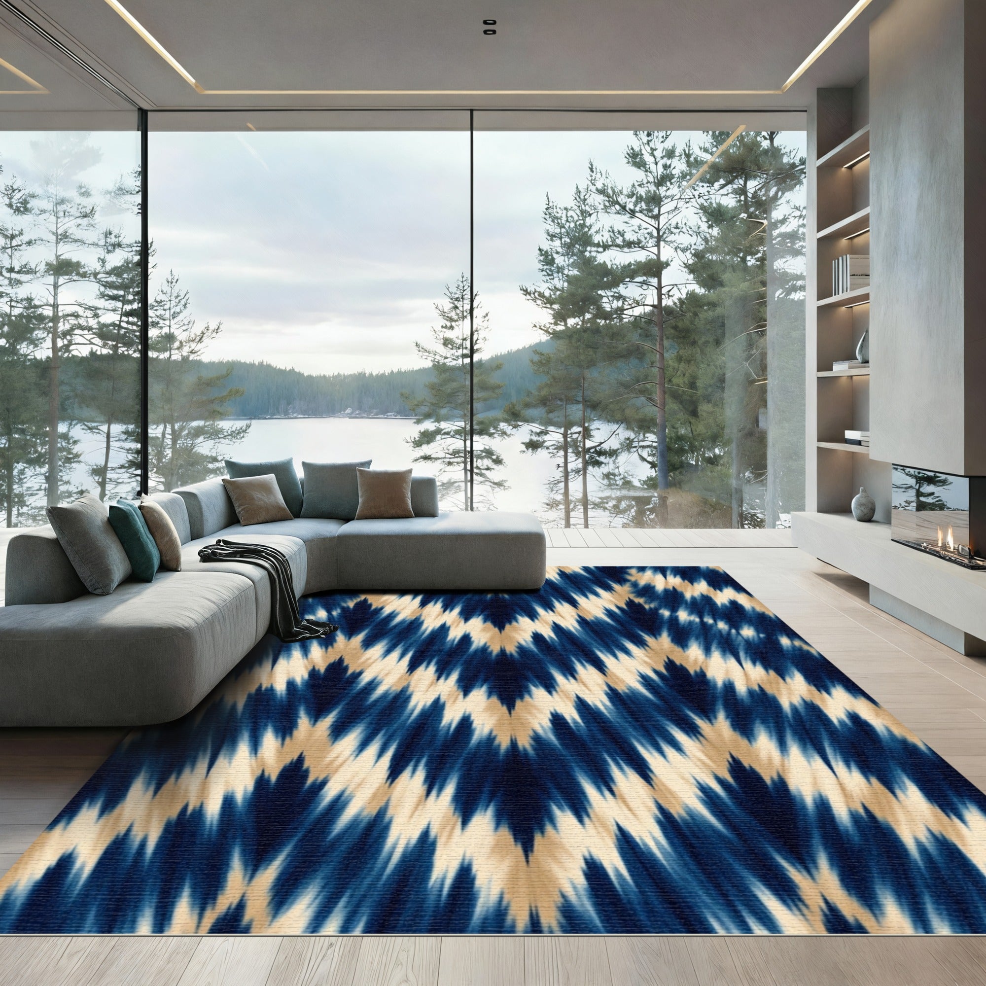 Indigo Blue Abstract Chevron Ikat Rug