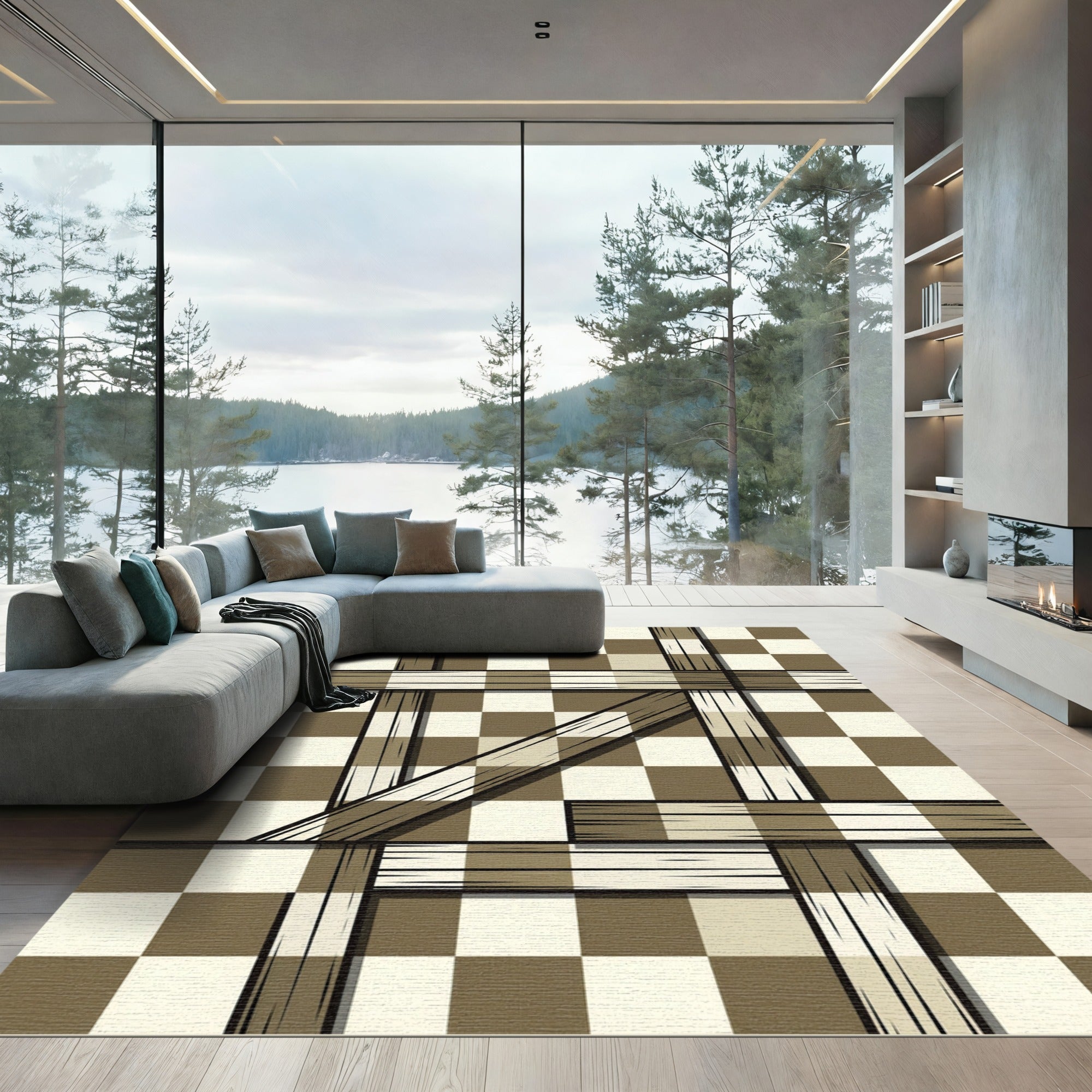 Brown White Checkered Intersecting Lines Rug